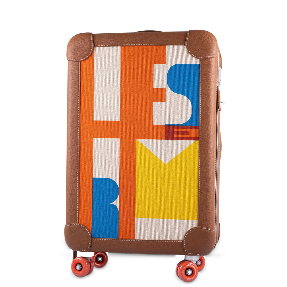 Hermès R.M.S. Trolley Multicolor Print Canvas and Fauve Taurillon Regate, front view with the printed canvas panel