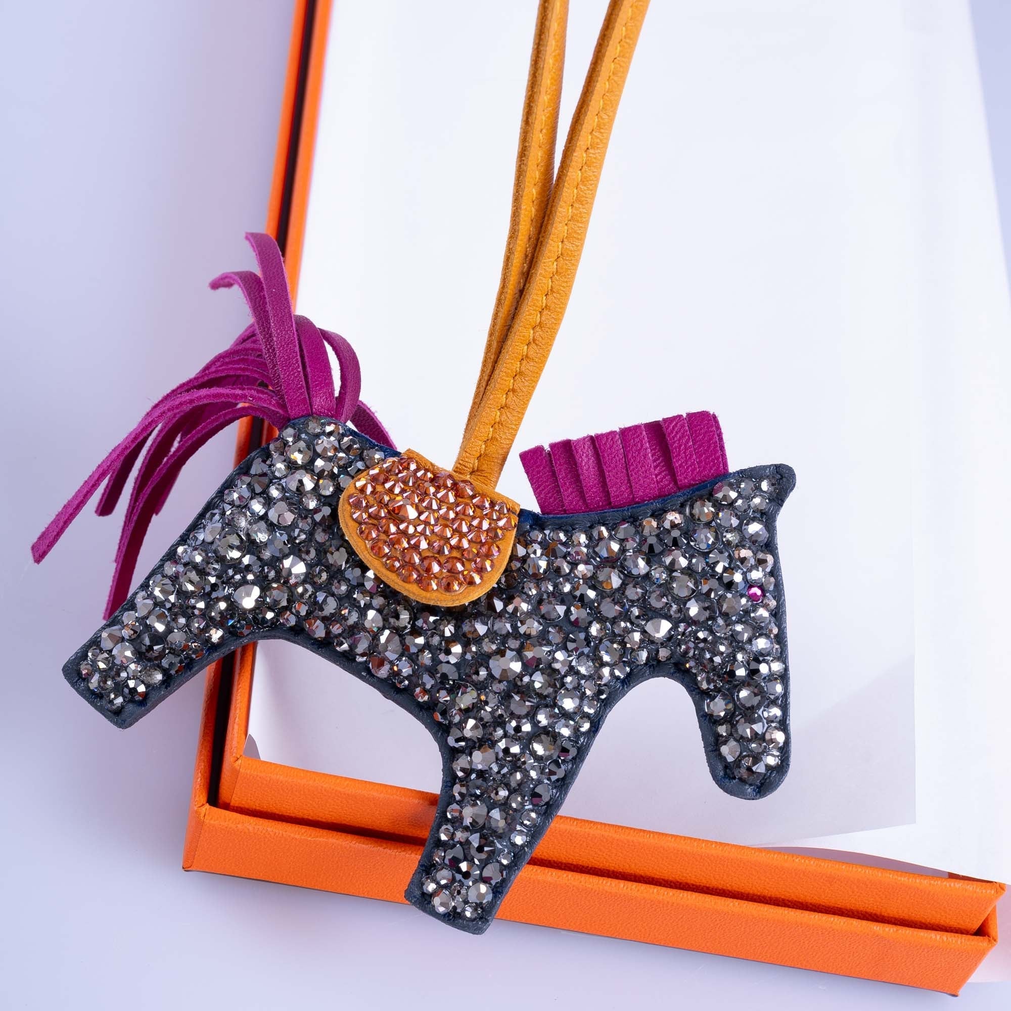 Hermès Rodeo Milo PM Charm JaneFinds Custom Shop Swarovski Crystal Anthracite & Magenta