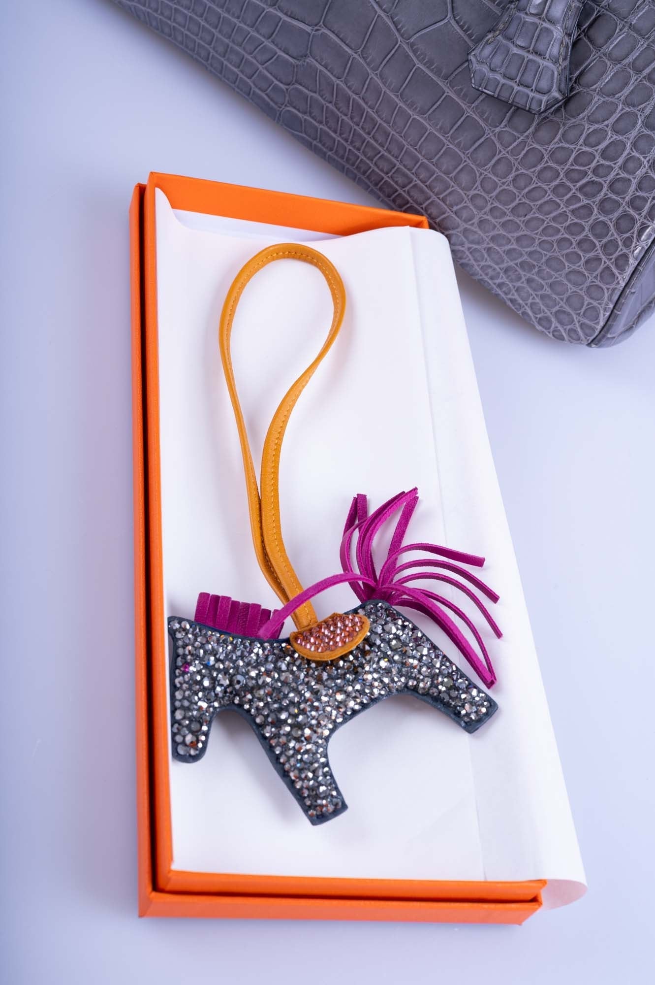 Hermès Rodeo Milo PM Charm JaneFinds Custom Shop Swarovski Crystal Anthracite & Magenta