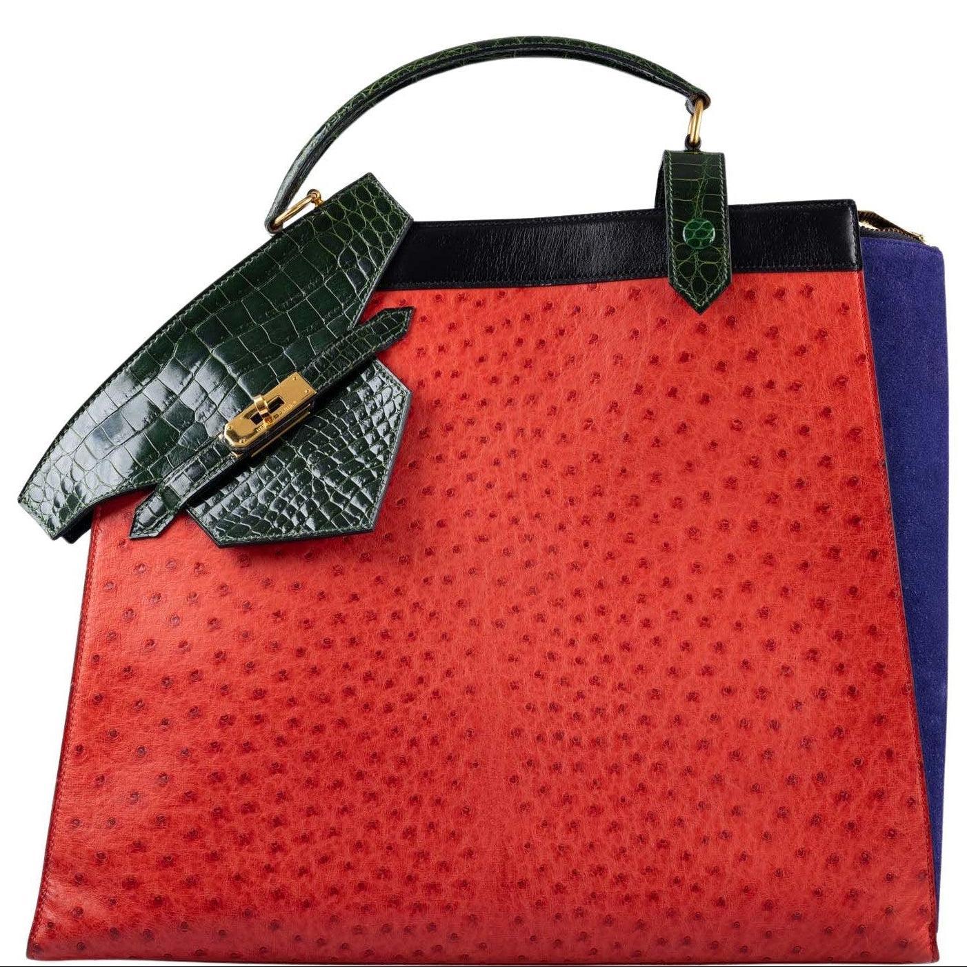 Hermès Sac Himalaya Symbiose Rouge Vif Ostrich, Doblis Suede, Box, and Porosus Crocodile Gold Hardware