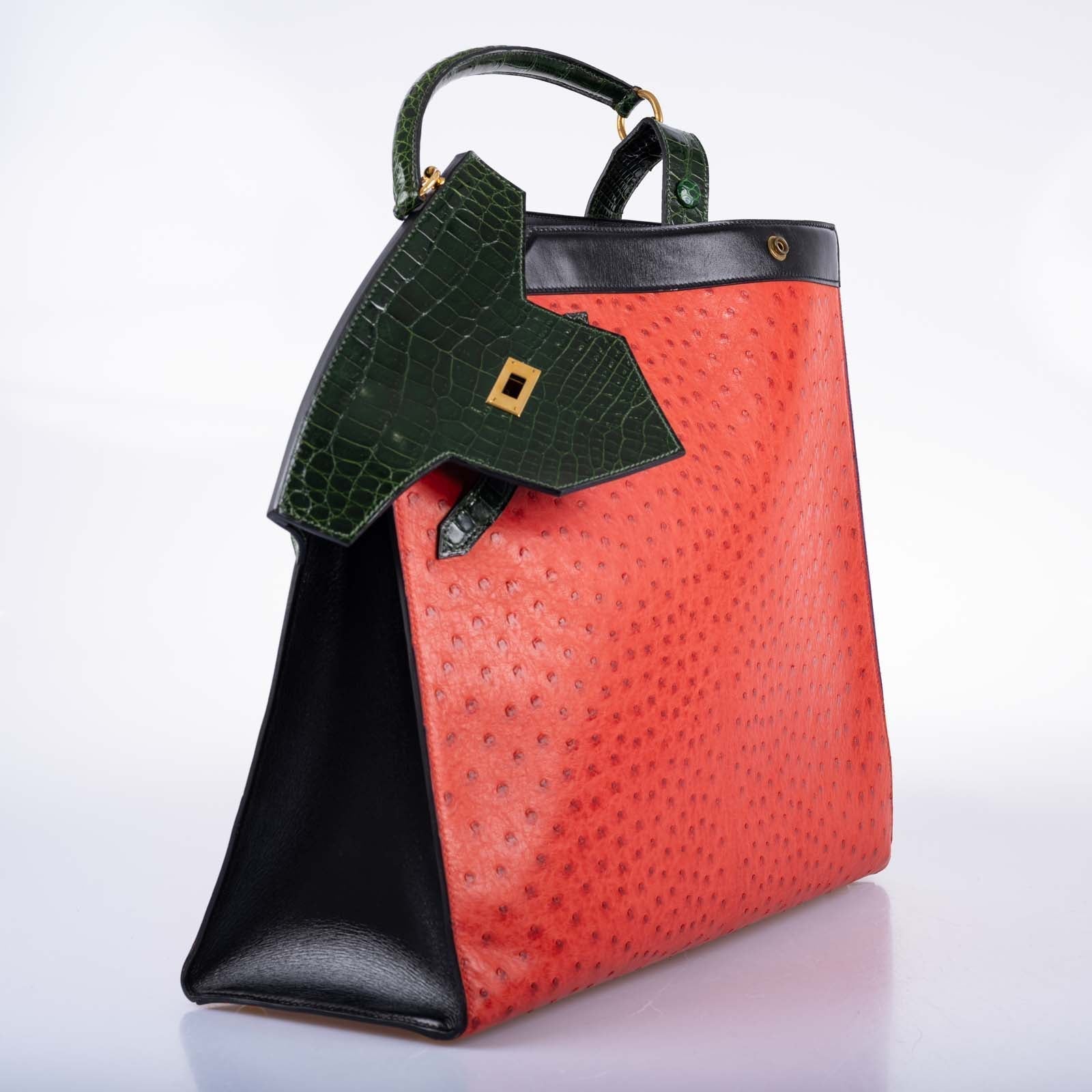 Hermès Sac Himalaya Symbiose Rouge Vif Ostrich Porosus Crocodile Gold Hardware
