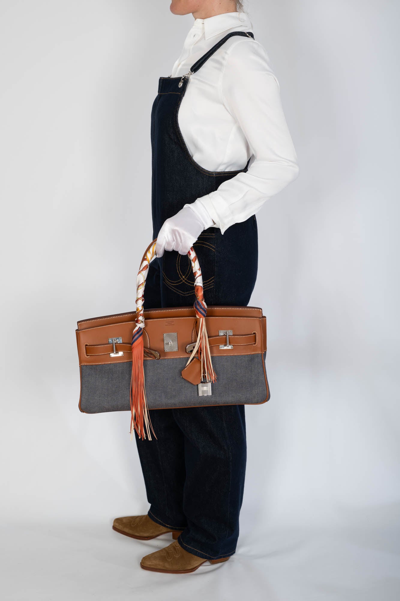 Hermès Shoulder Birkin 42 JPG Fauve Barenia and Dark Blue Denim Palladium Hardware