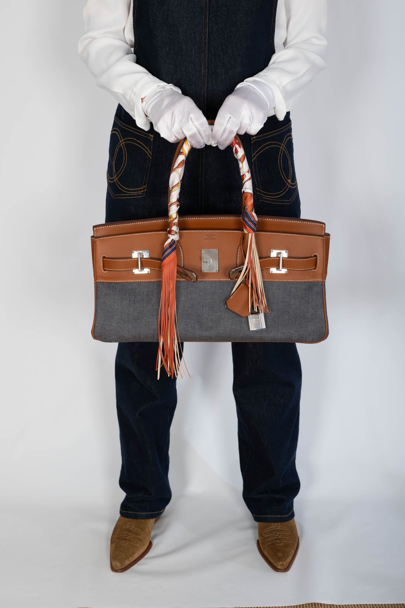 Hermès Shoulder Birkin 42 JPG Fauve Barenia and Dark Blue Denim Palladium Hardware