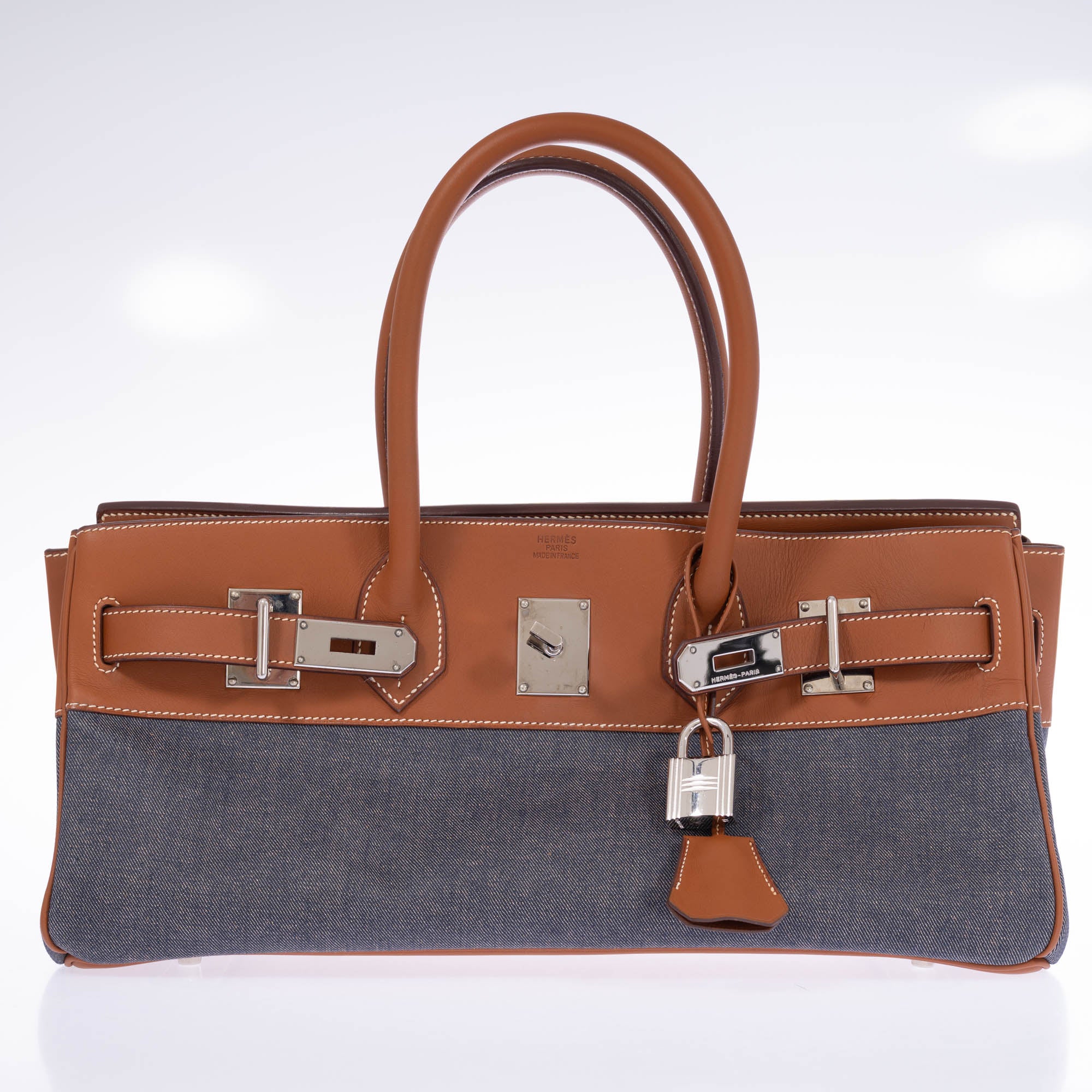 Hermès Shoulder Birkin 42 JPG Fauve Barenia and Dark Blue Denim Palladium Hardware