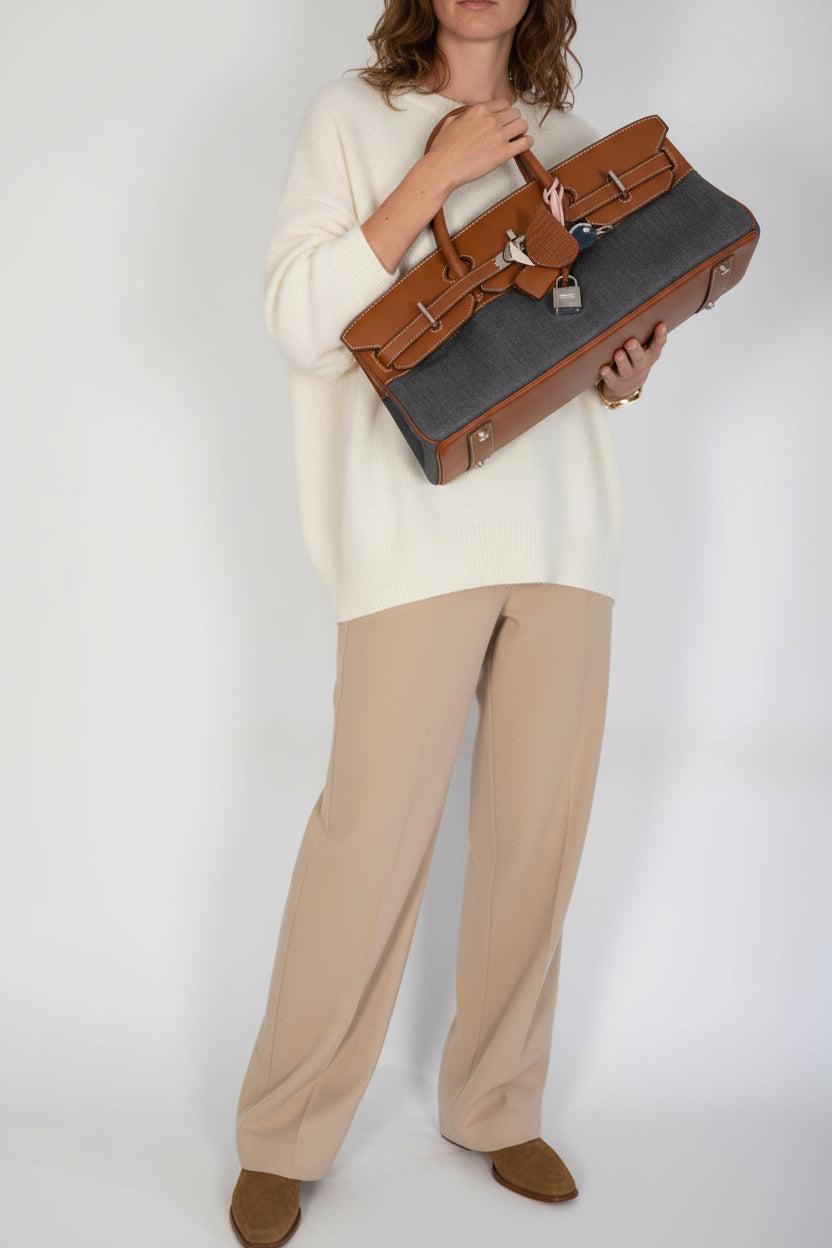 Hermès Shoulder Birkin 42 JPG Fauve Barenia and Dark Blue Denim Palladium Hardware