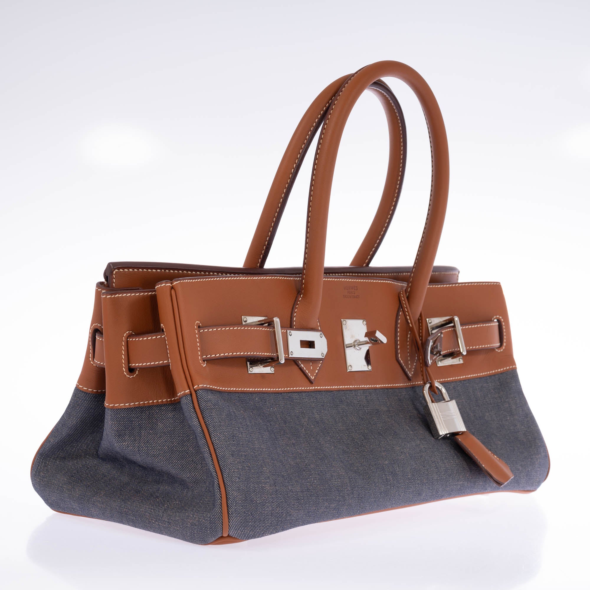 Hermès Shoulder Birkin 42 JPG Fauve Barenia and Dark Blue Denim Palladium Hardware