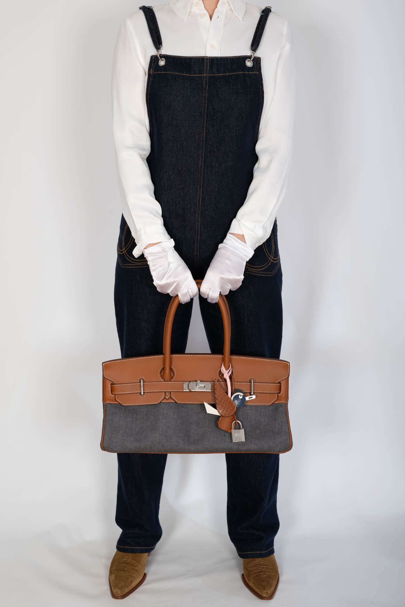 Hermès Shoulder Birkin 42 JPG Fauve Barenia and Dark Blue Denim Palladium Hardware