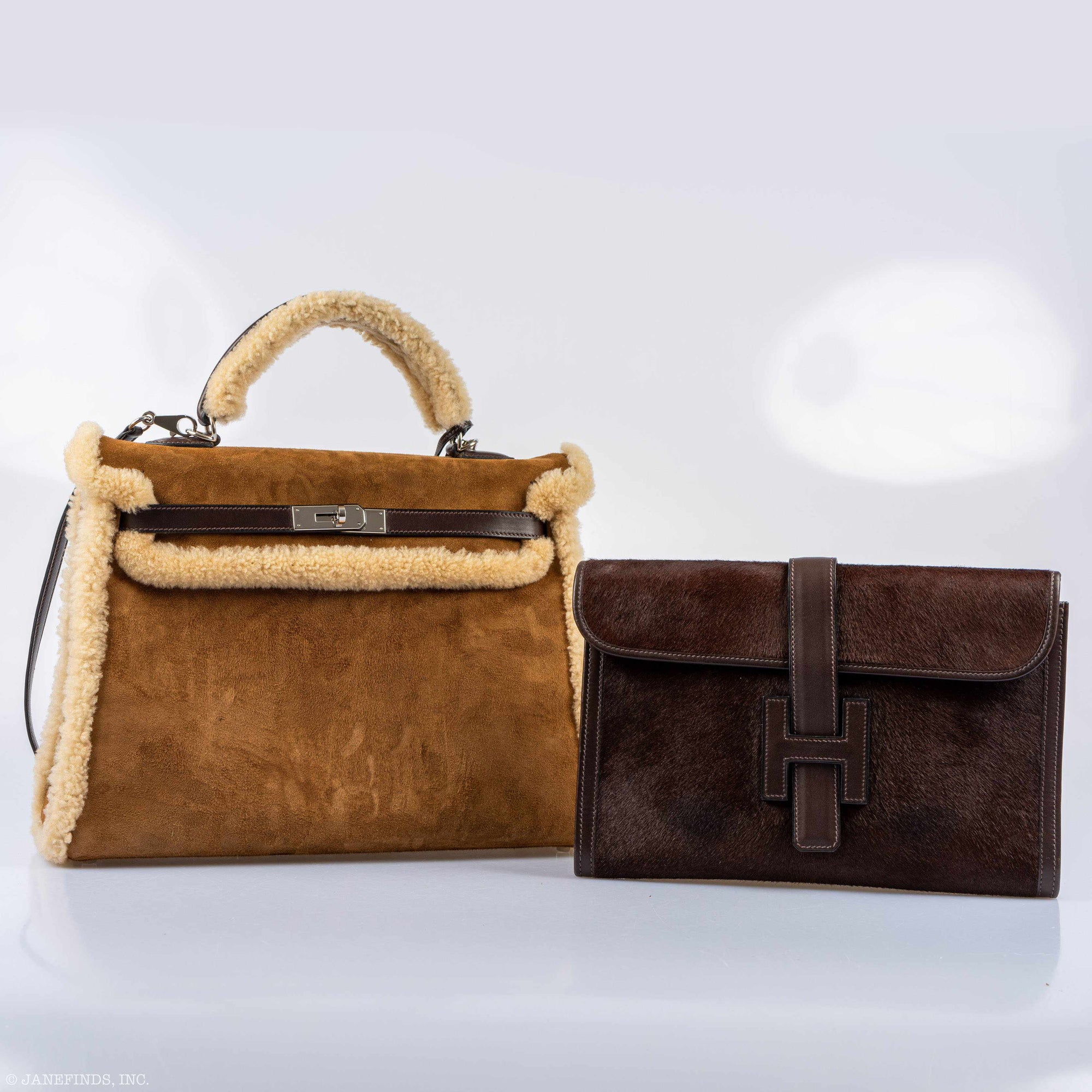 Hermès Teddy Kelly 35 Fauve Doblis Suede and Mouton Shearling Palladium Hardware