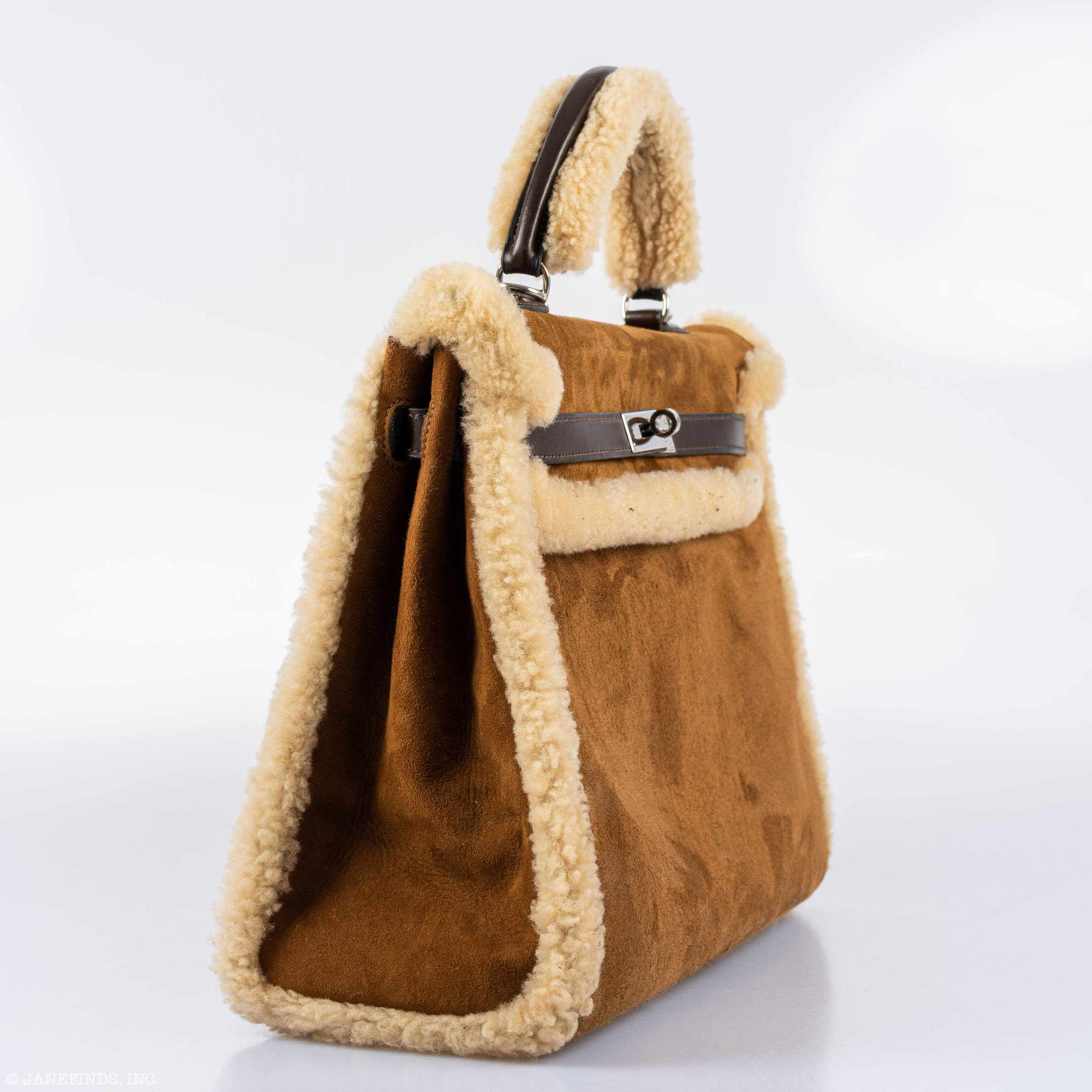 Hermès Teddy Kelly 35 Fauve Doblis Suede and Mouton Shearling Palladium Hardware
