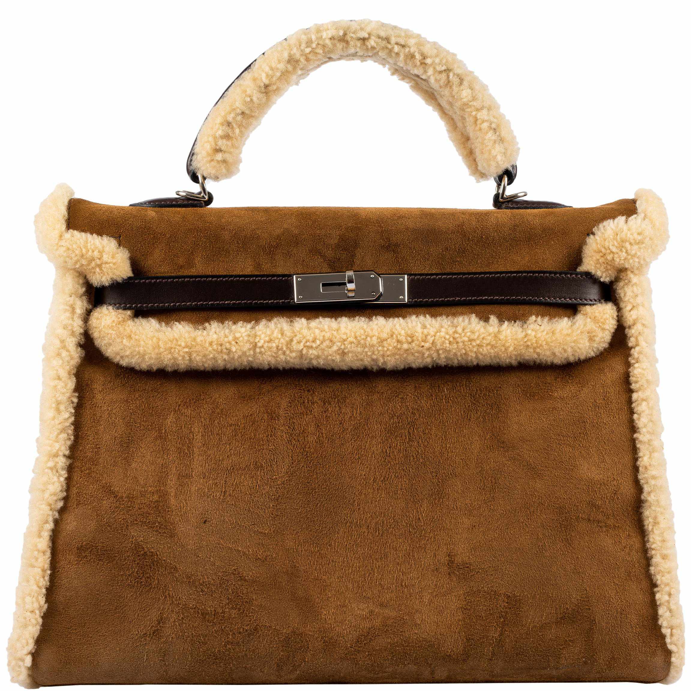 Hermès Teddy Kelly 35 Fauve Doblis Suede and Mouton Shearling Palladium Hardware