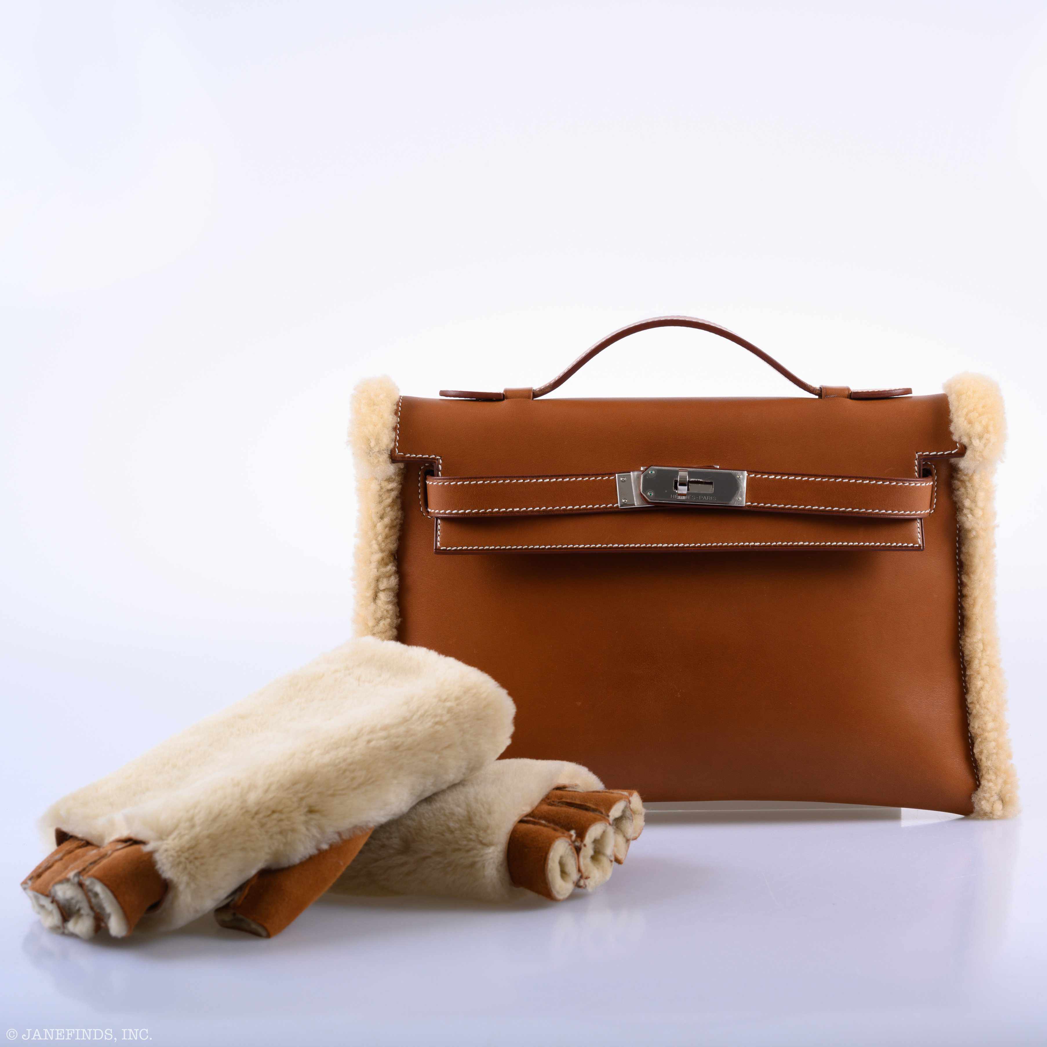 Hermès Teddy Kelly Clutch Barenia Leather & Mouton Shearling Palladium Hardware