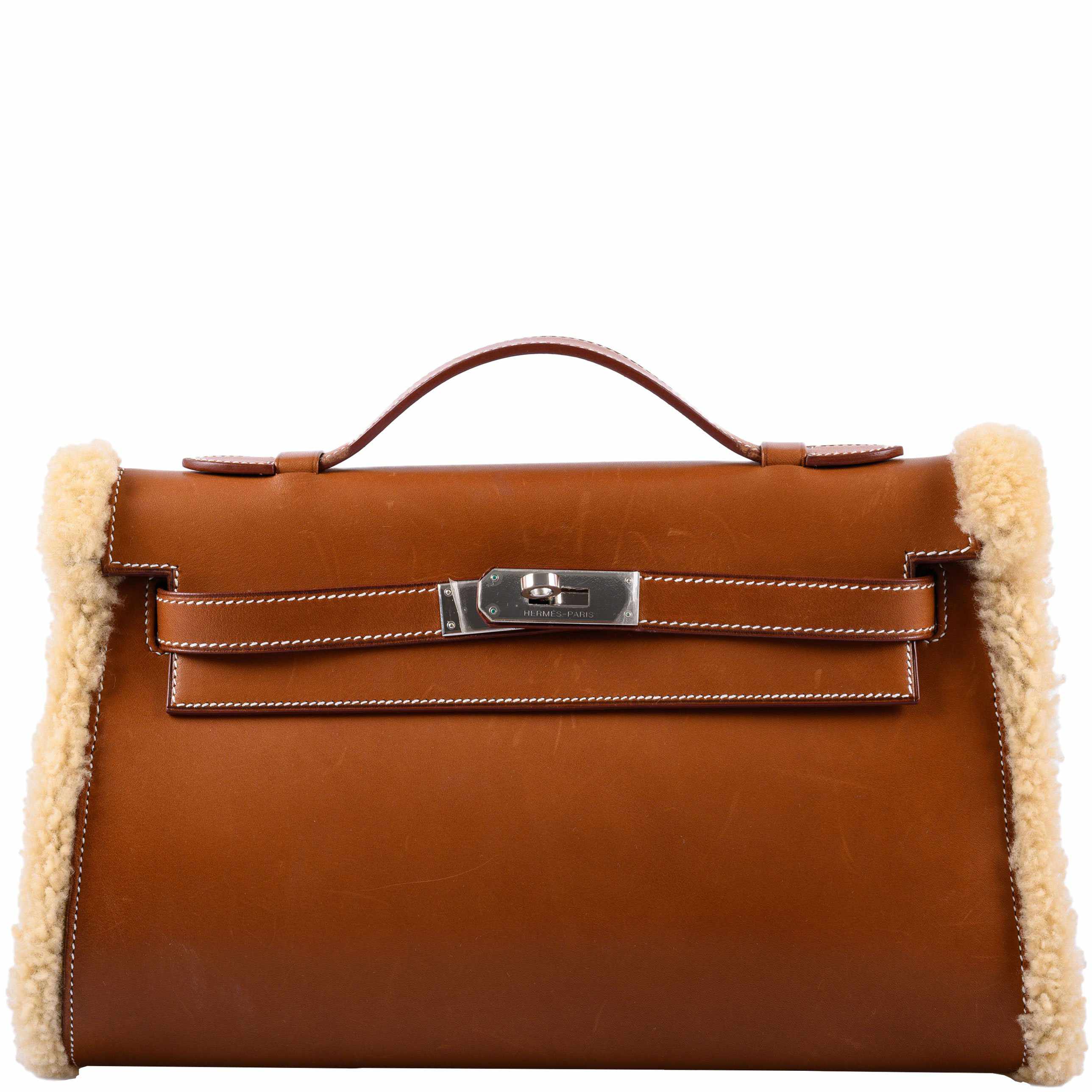 Hermès Teddy Kelly Clutch Barenia Leather & Mouton Shearling Palladium Hardware