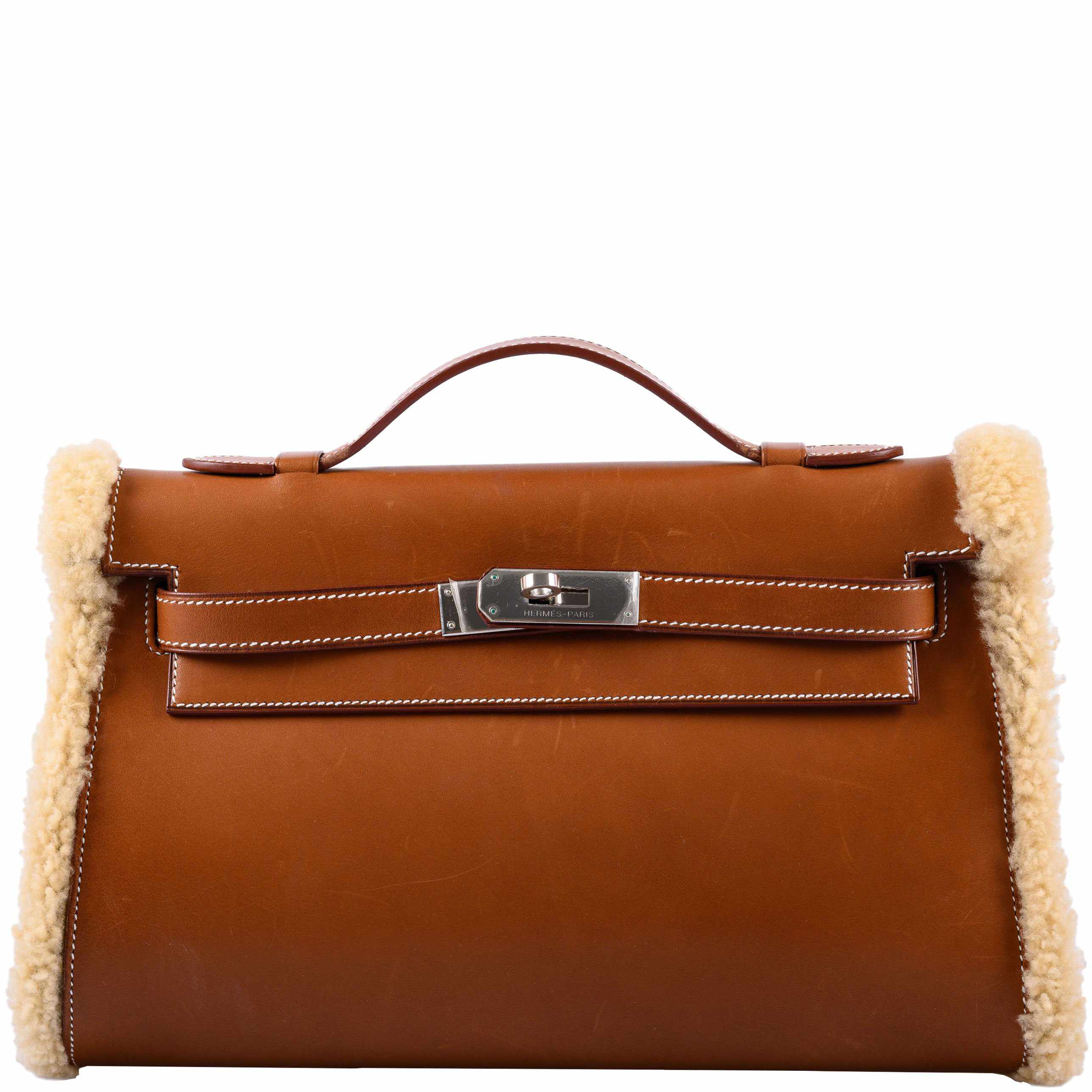 Hermès Teddy Kelly Clutch Barenia Mouton Shearling Palladium