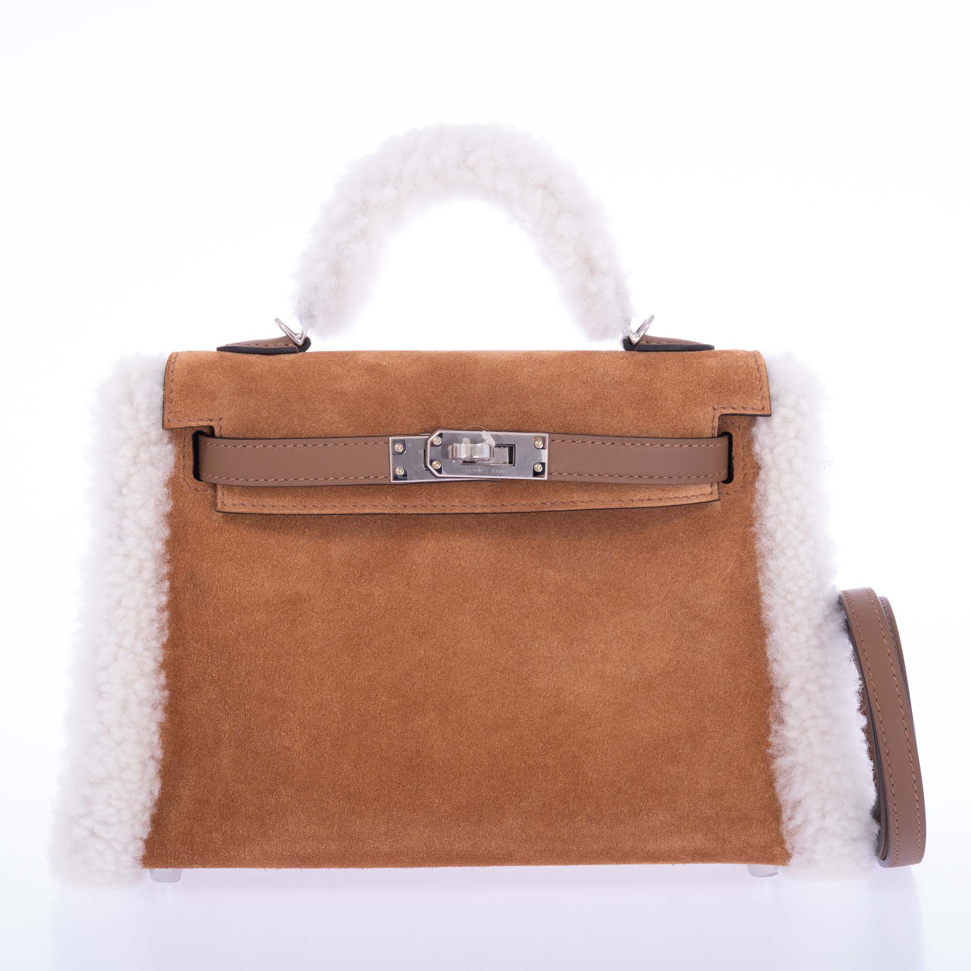 Hermès Teddy Mini Kelly 20 Chamois Grizzly, Alezan Swift and Ecru Mouton Shearling Palladium