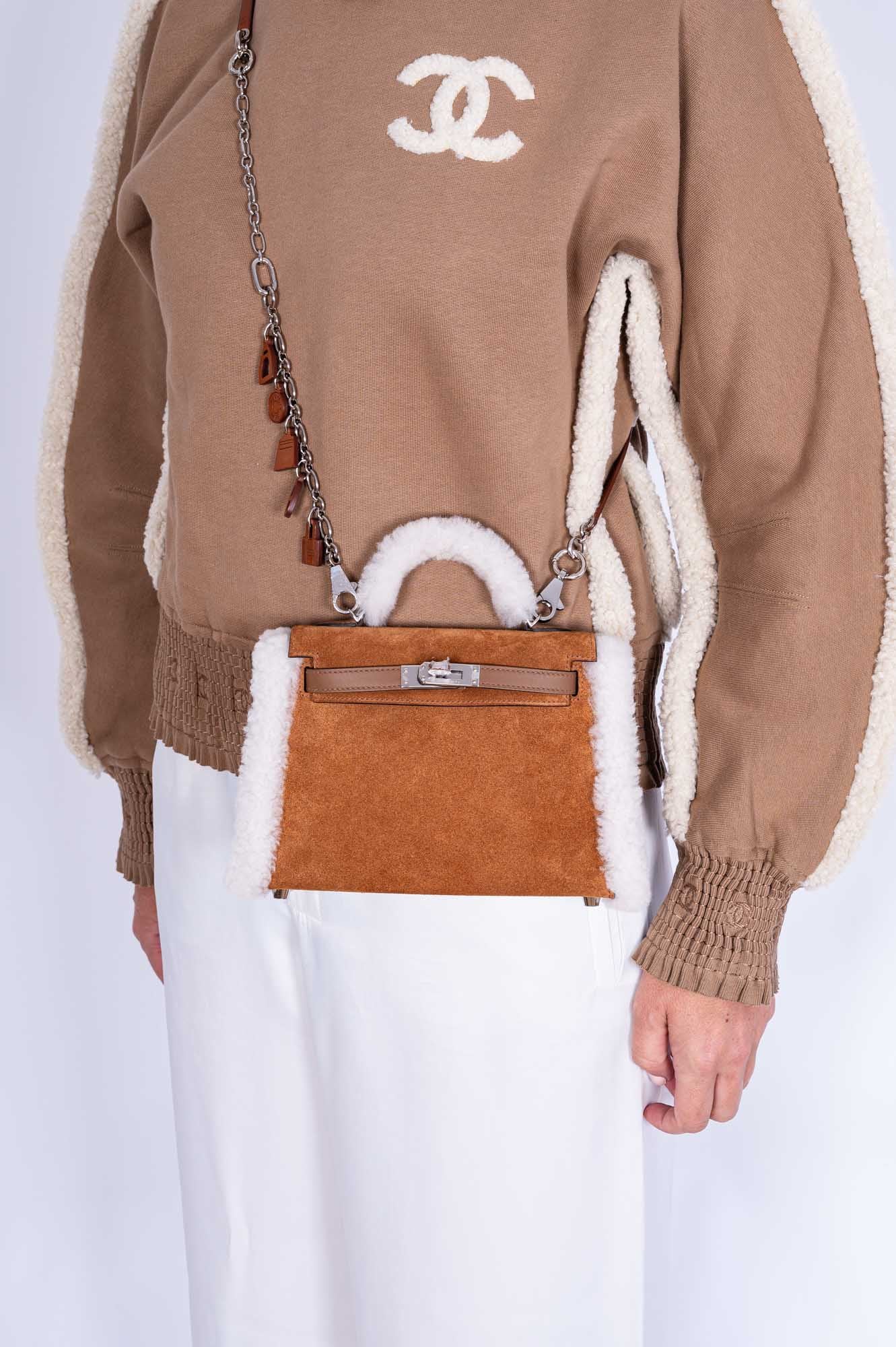 Hermès Teddy Mini Kelly 20 Chamois Grizzly, Alezan Swift and Ecru Mouton Shearling Palladium Hardware