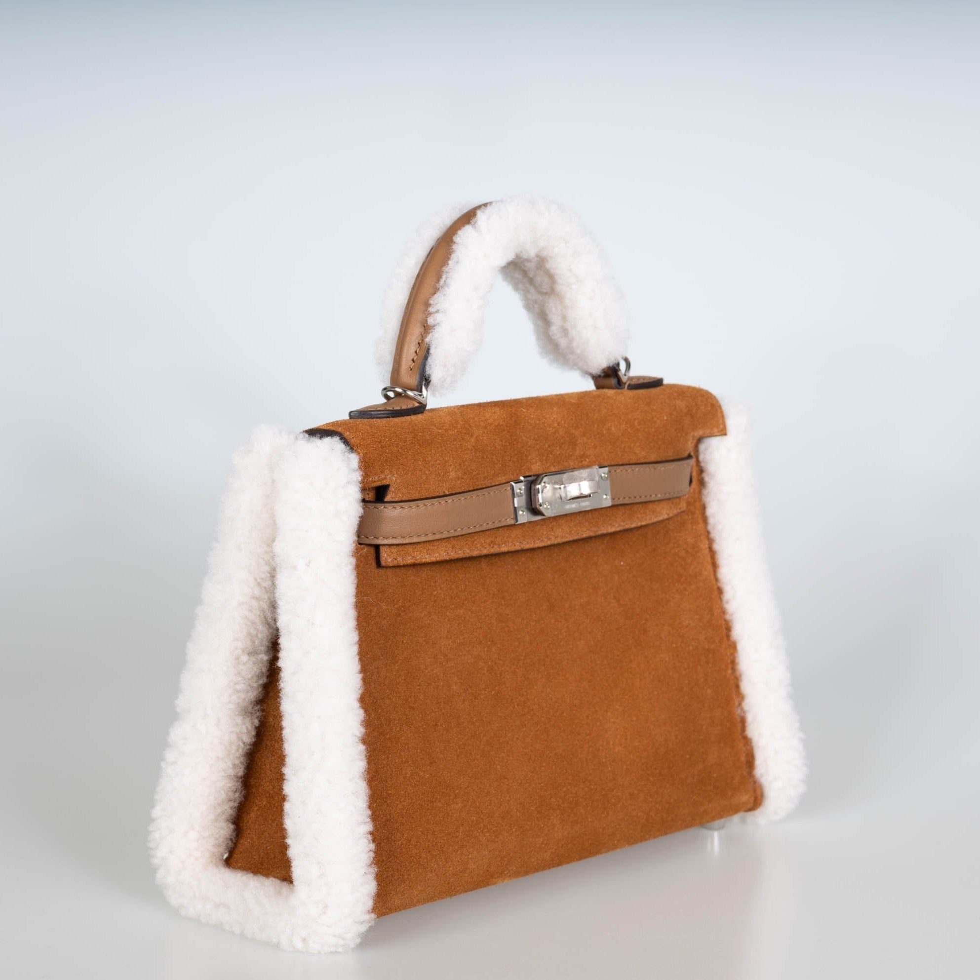 Hermès Teddy Mini Kelly 20 Chamois Grizzly, Alezan Swift and Ecru Mouton Shearling Palladium