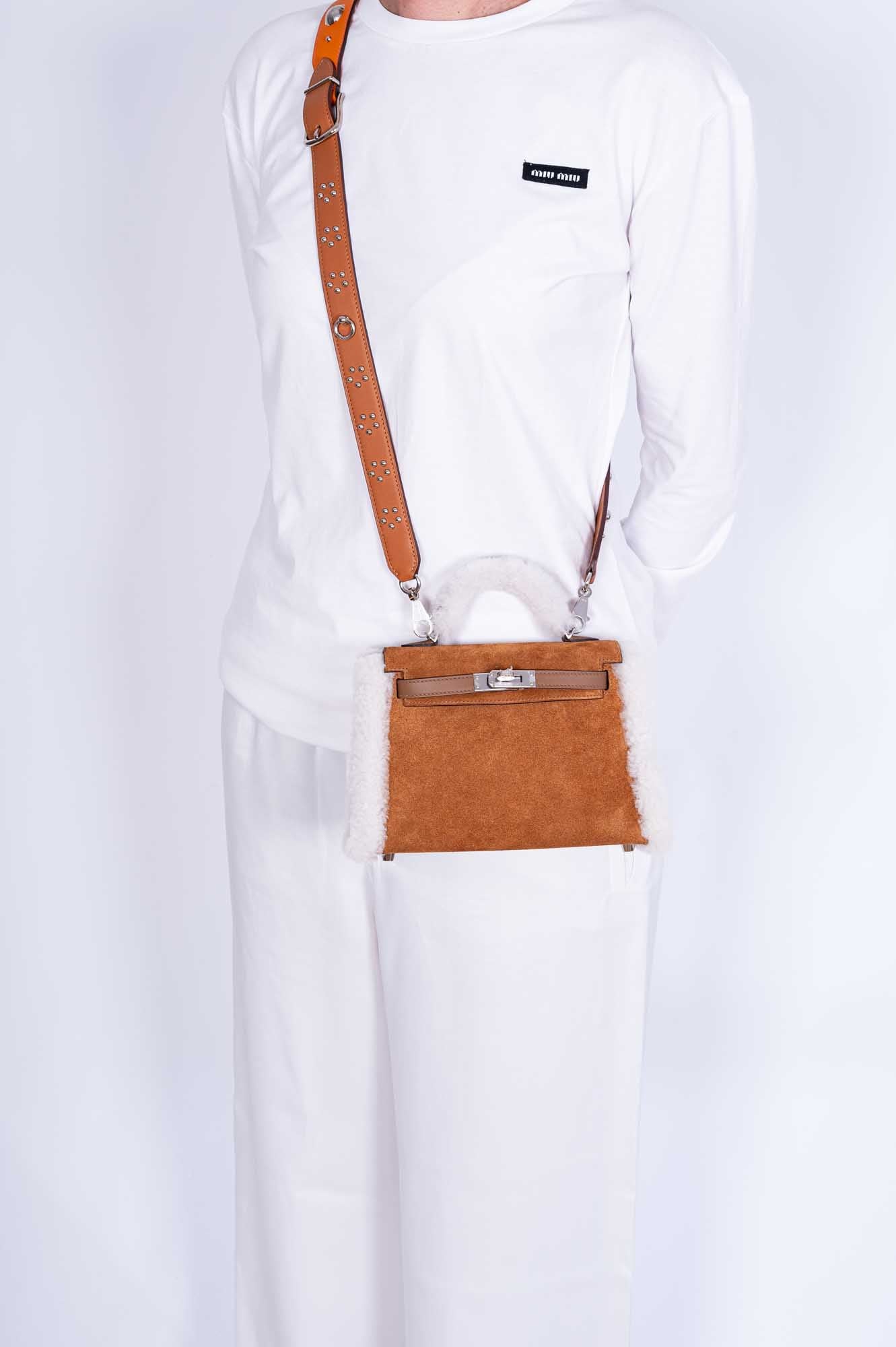 Hermès Teddy Mini Kelly 20 Chamois Grizzly, Alezan Swift and Ecru Mouton Shearling Palladium Hardware