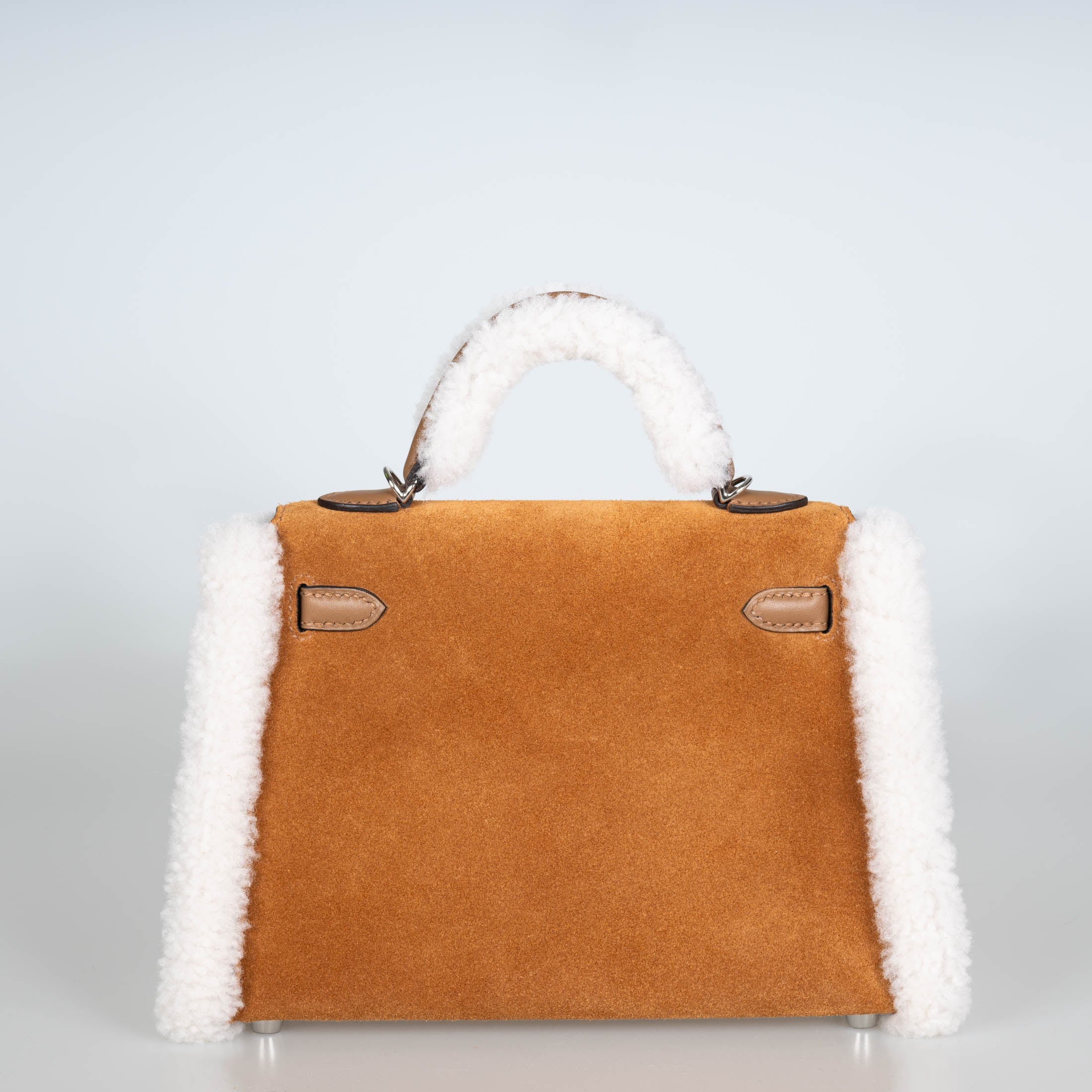 Hermès Teddy Mini Kelly 20 Chamois Grizzly, Alezan Swift and Ecru Mouton Shearling Palladium