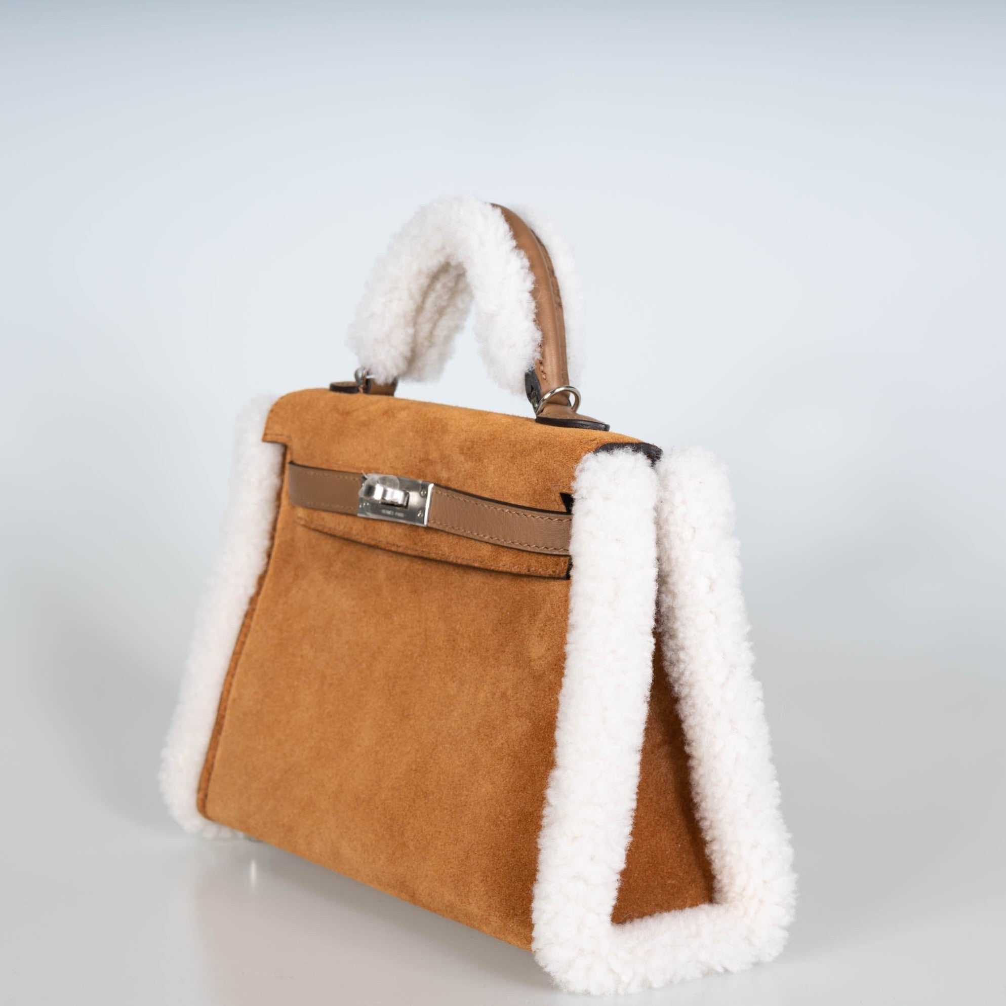 Hermès Teddy Mini Kelly 20 Chamois Grizzly, Alezan Swift and Ecru Mouton Shearling Palladium