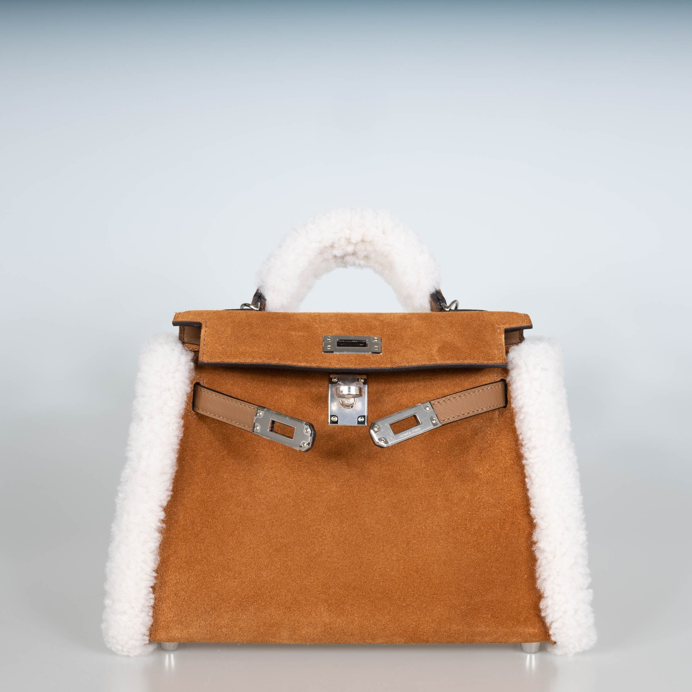 Hermès Teddy Mini Kelly 20 Chamois Grizzly, Alezan Swift and Ecru Mouton Shearling Palladium