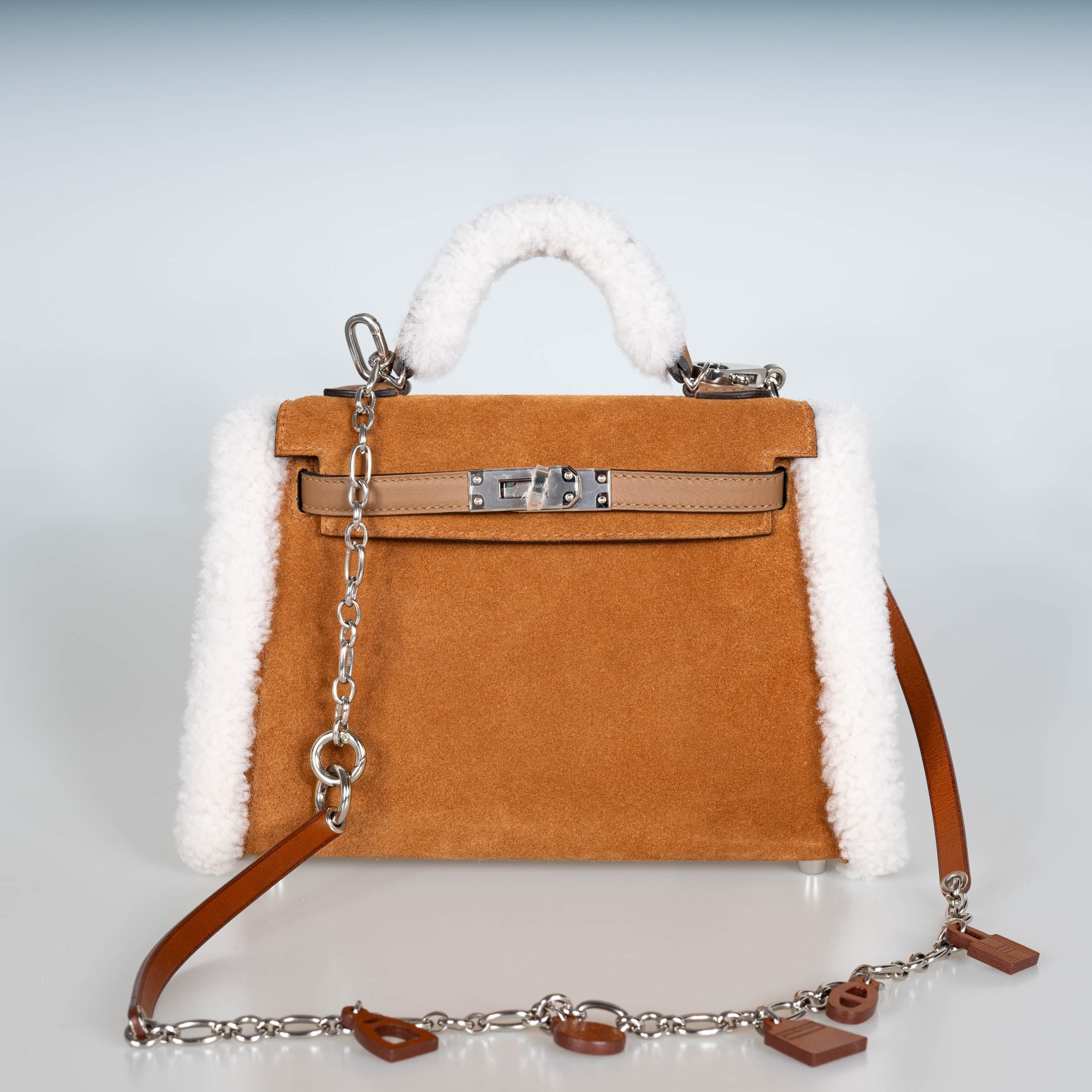 Hermès Teddy Mini Kelly 20 Chamois Grizzly, Alezan Swift and Ecru Mouton Shearling Palladium Hardware