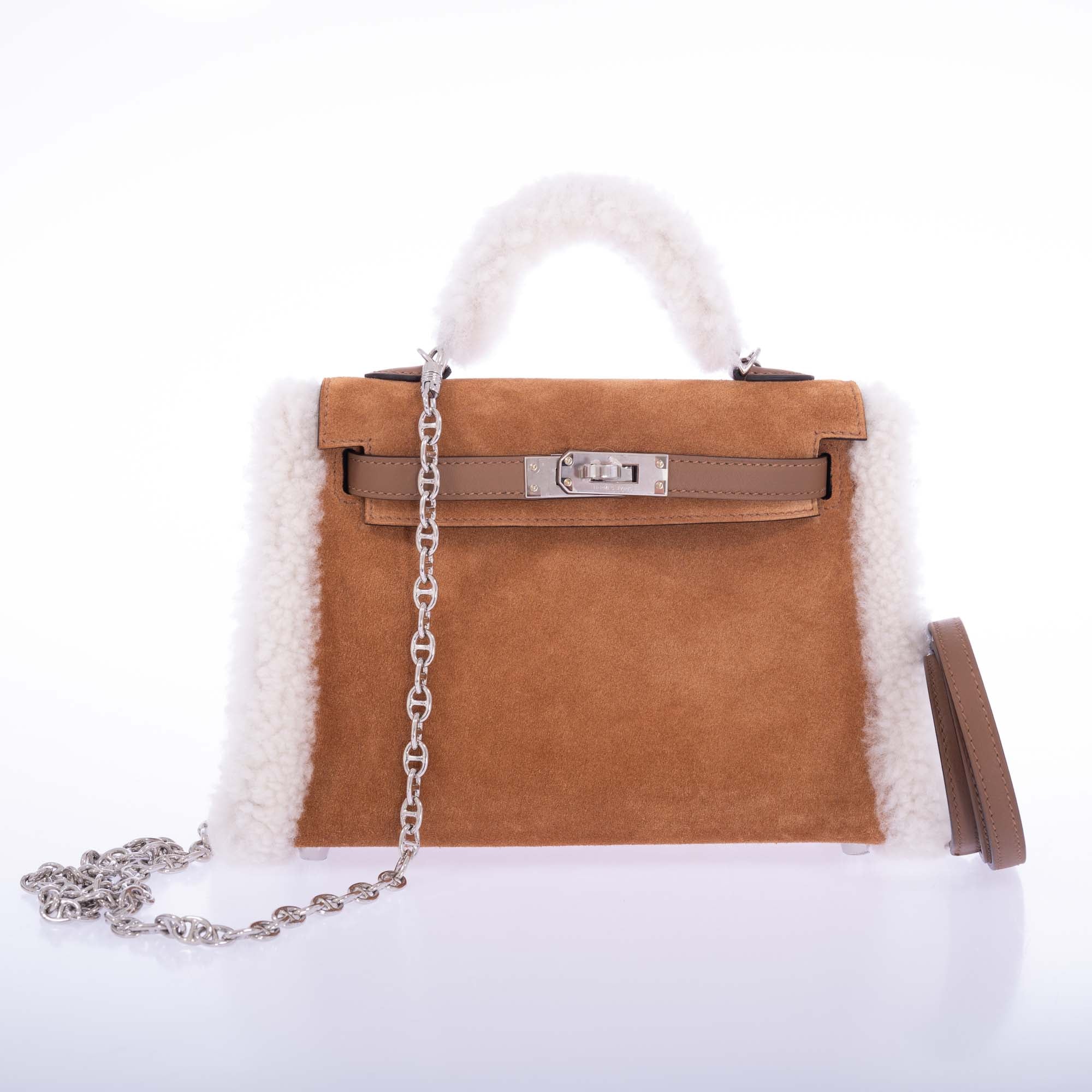 Hermès Teddy Mini Kelly 20 Chamois Grizzly, Alezan Swift and Ecru Mouton Shearling Palladium Hardware