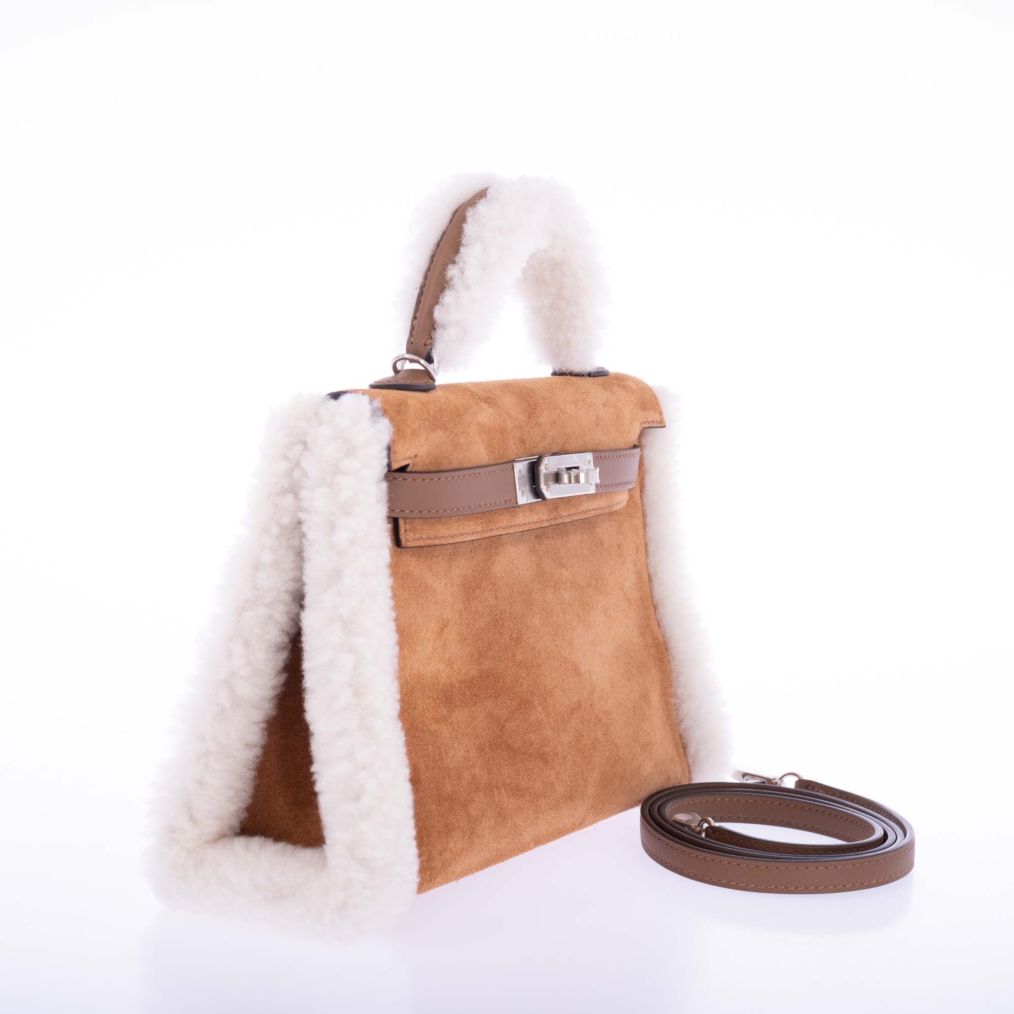 Hermès Teddy Mini Kelly 20 Chamois Grizzly, Alezan Swift and Ecru Mouton Shearling Palladium Hardware