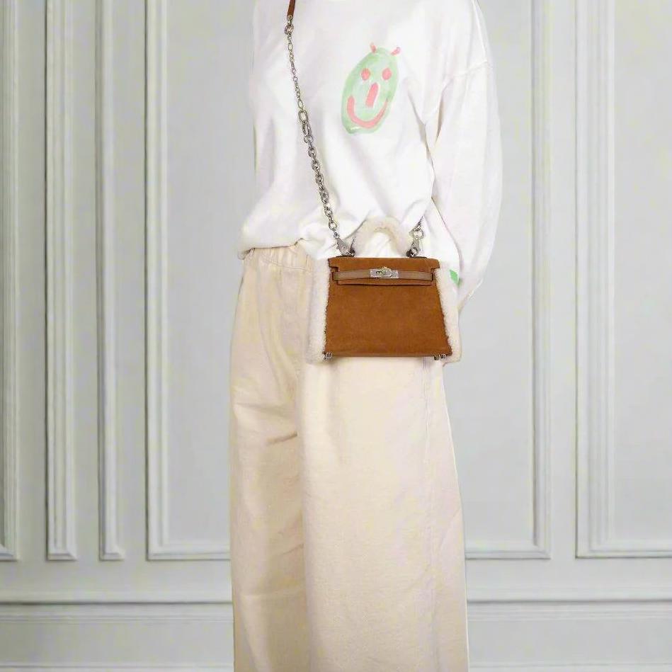 Hermès Teddy Mini Kelly 20 Chamois Grizzly, Alezan Swift and Ecru Mouton Shearling Palladium Hardware