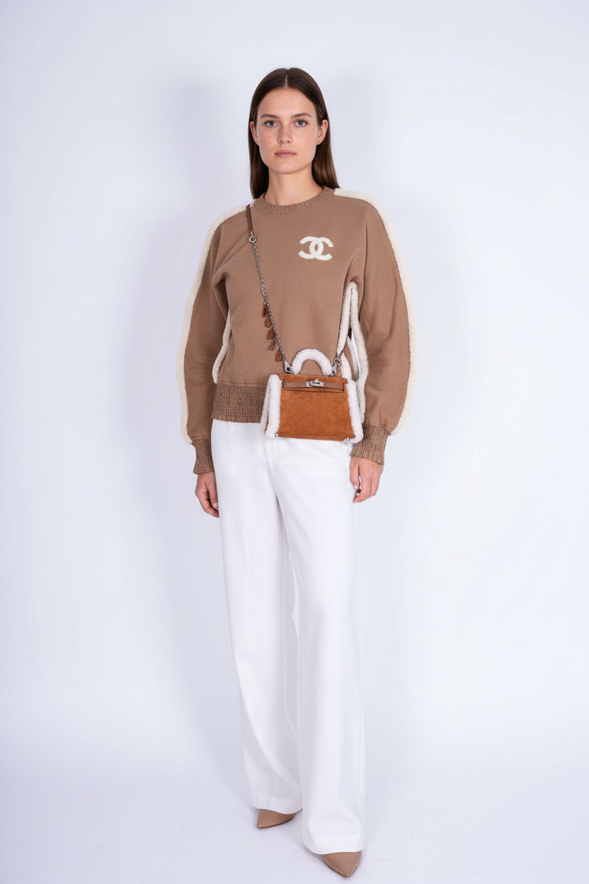 Hermès Teddy Mini Kelly 20 Chamois Grizzly, Alezan Swift and Ecru Mouton Shearling Palladium Hardware