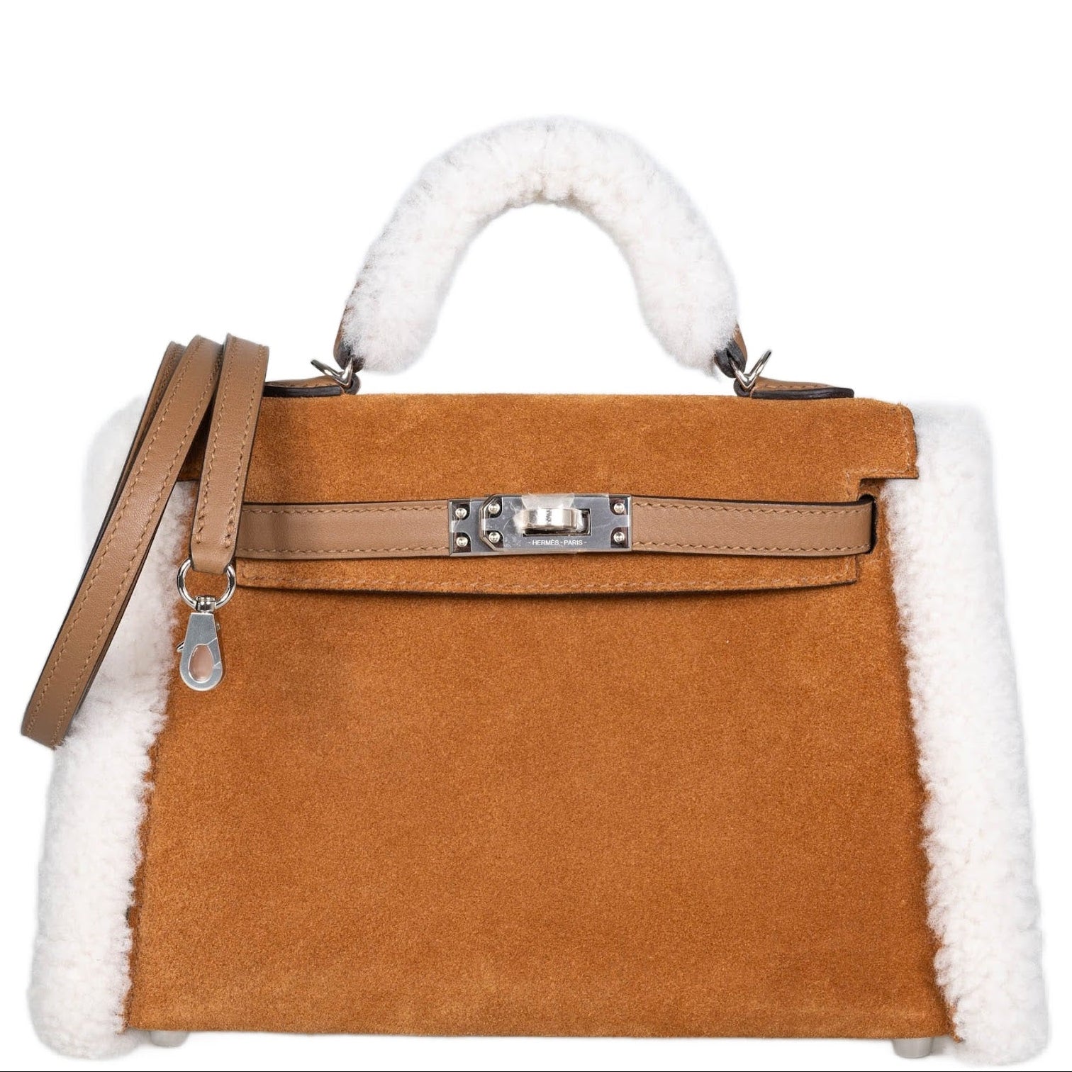 Hermès Teddy Mini Kelly 20 Chamois Grizzly, Alezan Swift and Ecru Mouton Shearling Palladium Hardware