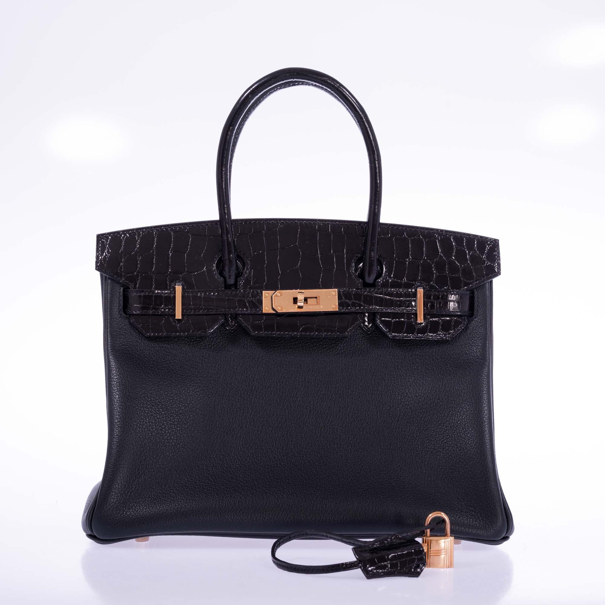 Hermès Touch Birkin 30 Black Shiny Nilo Crocodile and Togo Rose Gold Hardware