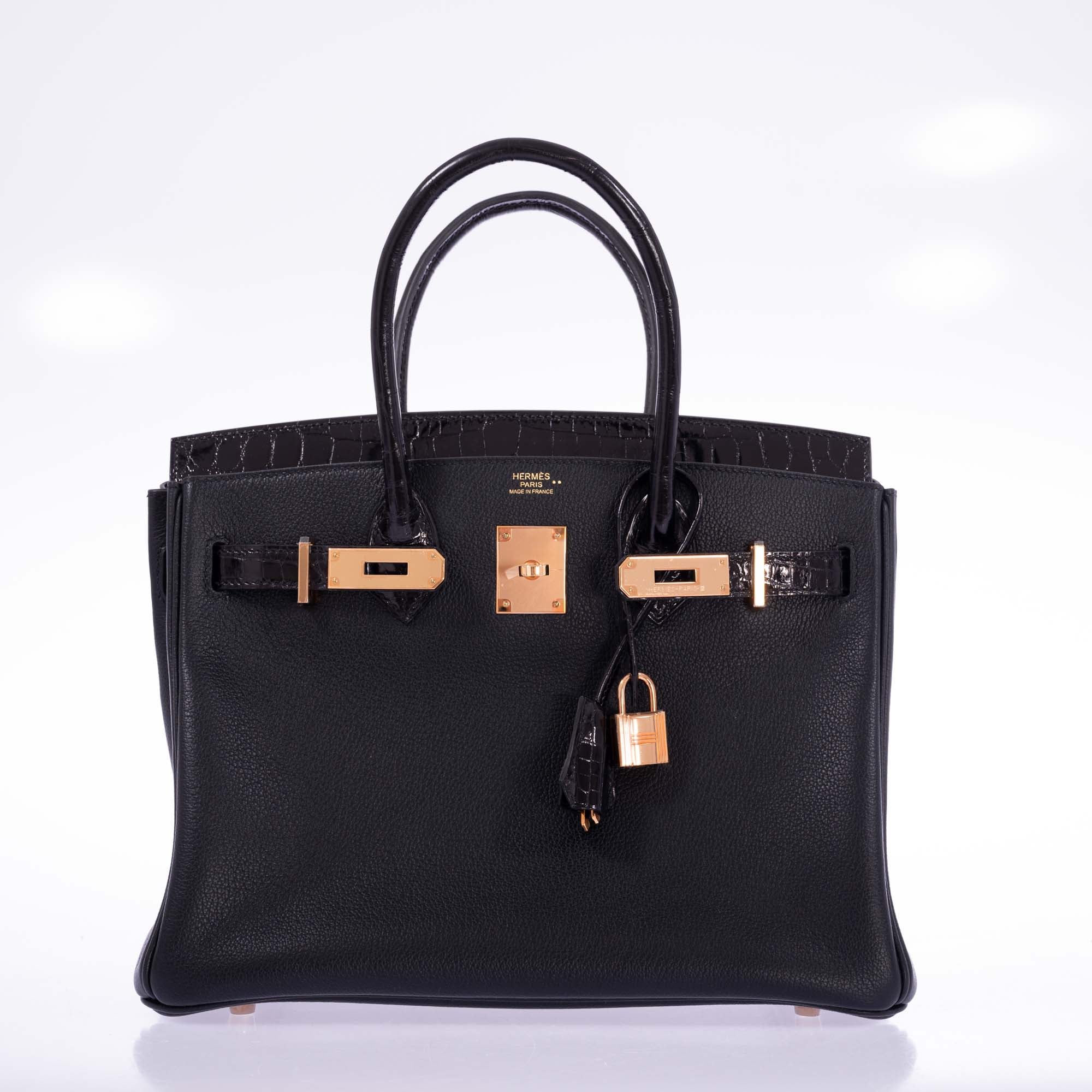 Hermès Touch Birkin 30 Black Shiny Nilo Crocodile and Togo Rose Gold Hardware