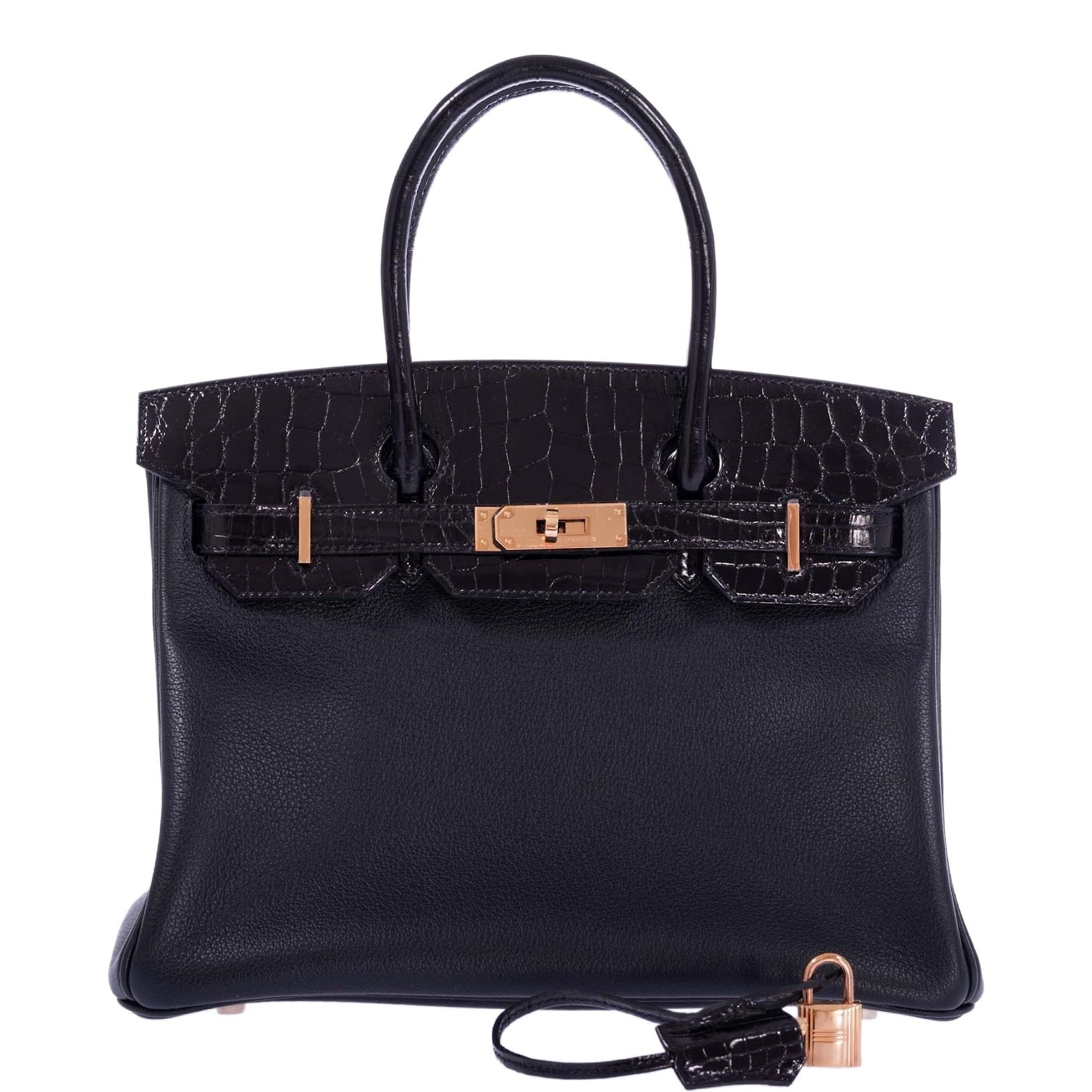 Hermès Touch Birkin 30 Black Shiny Nilo Crocodile and Togo Rose Gold Hardware
