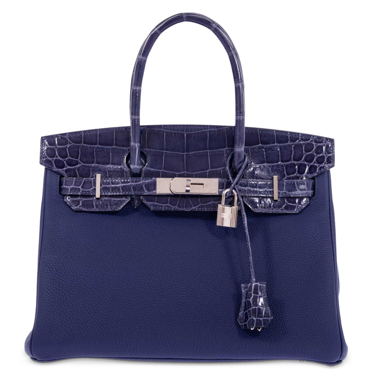 Hermès Touch Birkin 30 Bleu Encre Togo and Shiny Niloticus Crocodile Palladium Hardware, front view