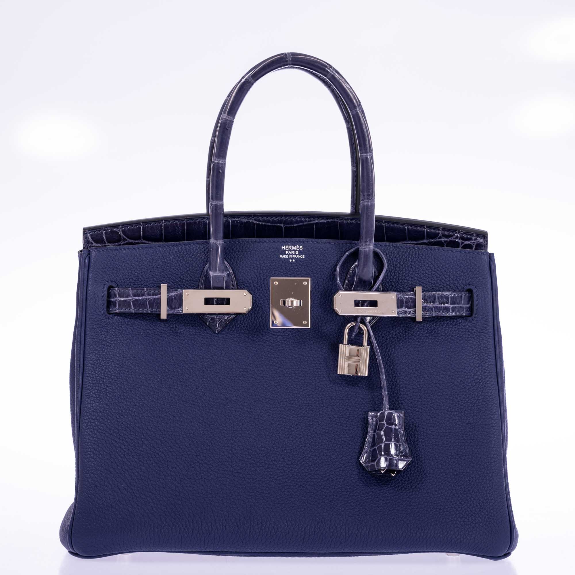 Hermès Touch Birkin 30 Bleu Encre Togo and Shiny Niloticus Crocodile Palladium Hardware