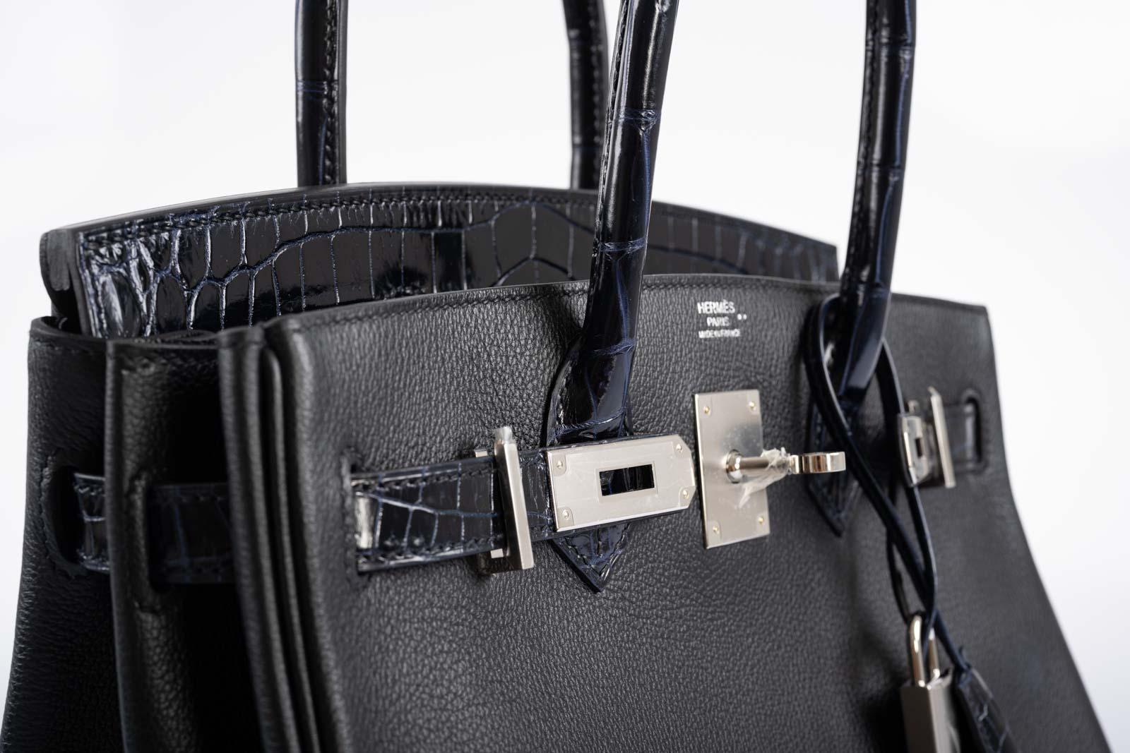 Hermès Touch Birkin 30 Shiny Bleu Marine Nilo Crocodile and Black Novillo Palladium Hardware