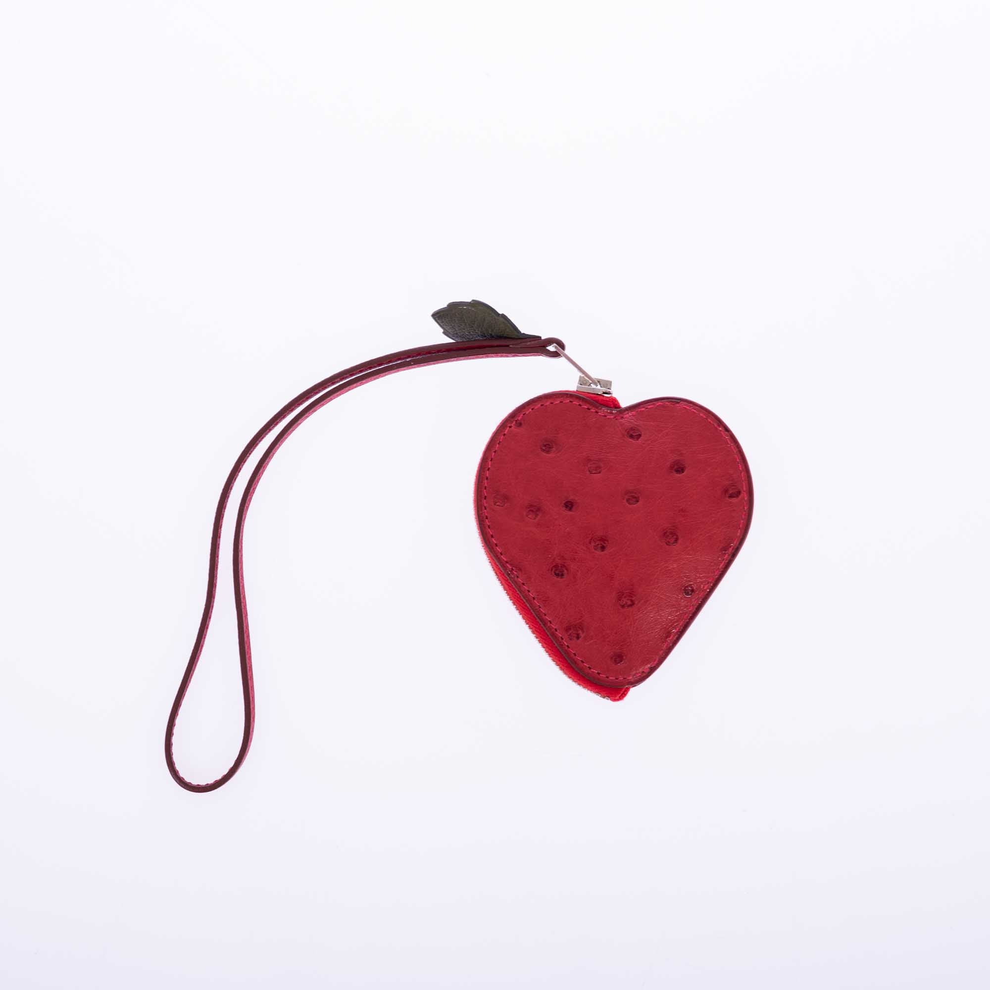 Hermès Tutti Frutti "Strawberry" Coin Purse Charm Rouge Vif Ostrich & Vert Titien Leather
