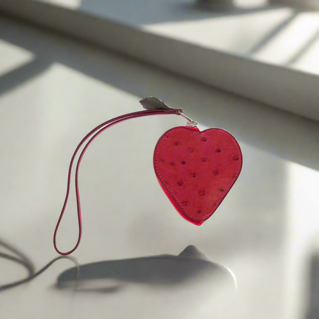 Hermès Tutti Frutti "Strawberry" Coin Purse Charm Rouge Vif Ostrich & Vert Titien Leather