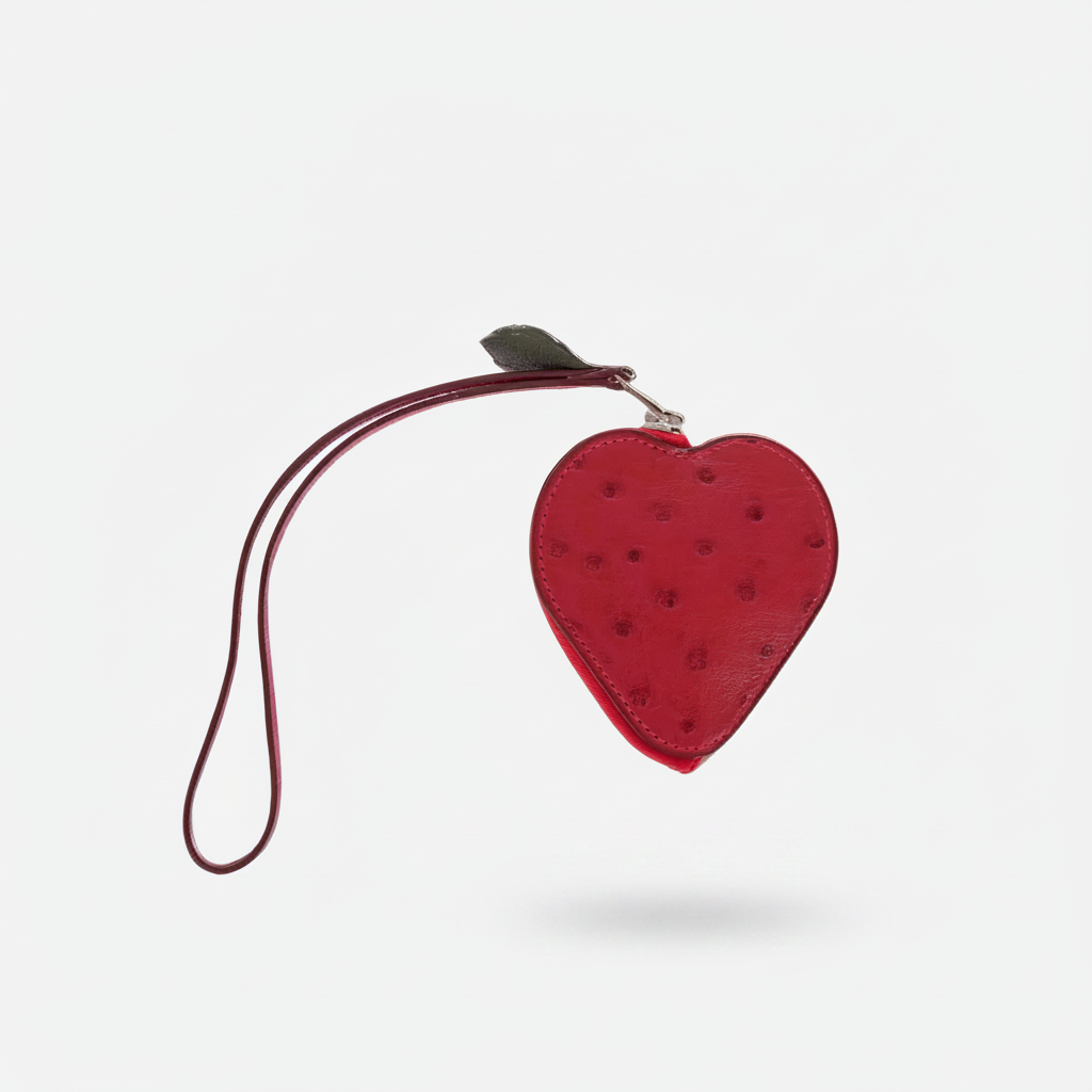 Hermès Tutti Frutti "Strawberry" Coin Purse Charm Rouge Vif Ostrich & Vert Titien Leather