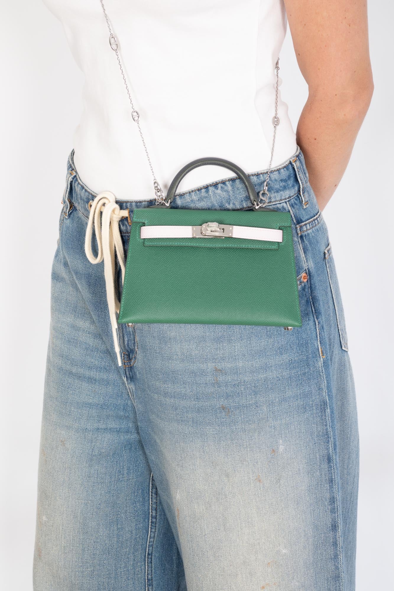 Hermès Vert Moyen / Mauve Pale / Ardoise Kelly 20 Sellier Tricolor Epsom Palladium Hardware