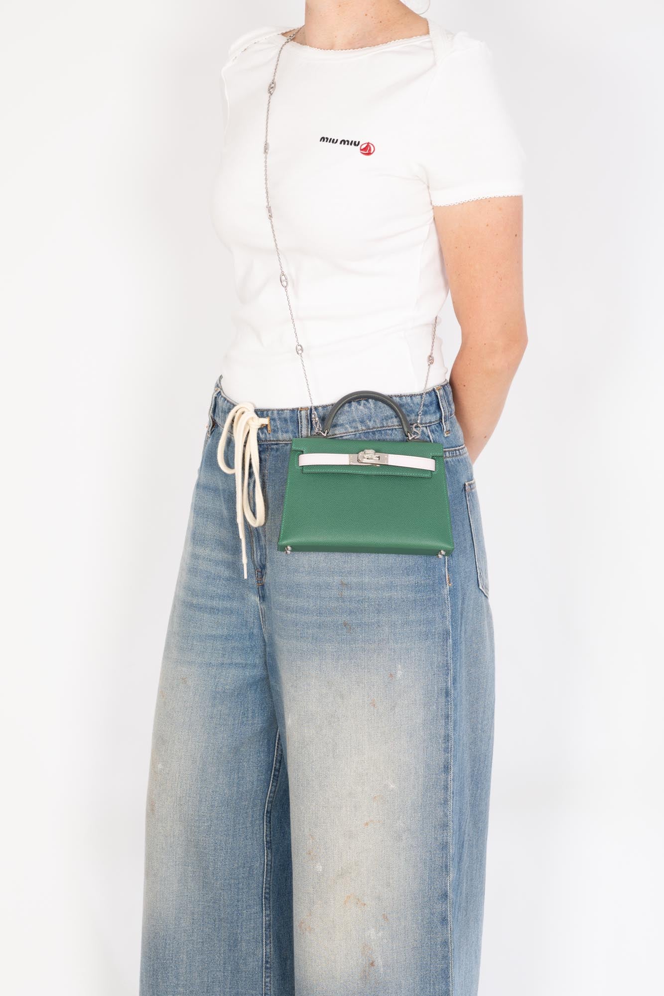 Hermès Vert Moyen / Mauve Pale / Ardoise Kelly 20 Sellier Tricolor Epsom Palladium Hardware