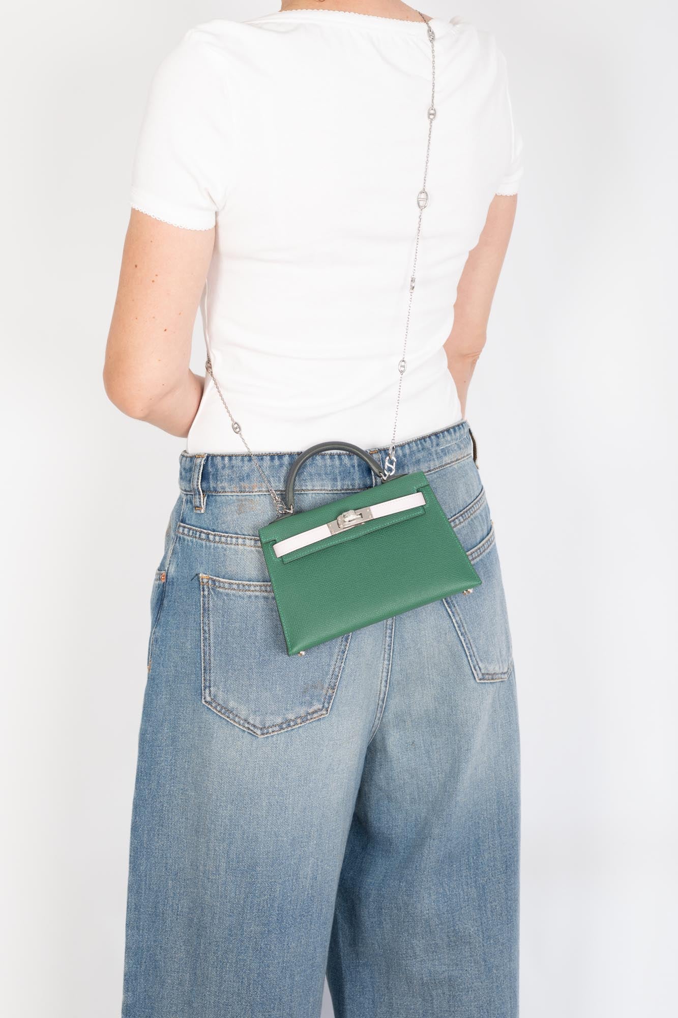 Hermès Vert Moyen / Mauve Pale / Ardoise Kelly 20 Sellier Tricolor Epsom Palladium Hardware