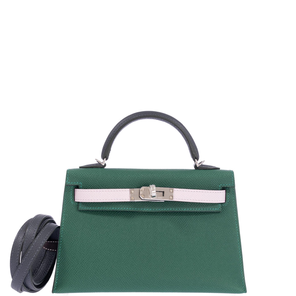 Hermès Vert Moyen / Mauve Pale / Ardoise Kelly 20 Sellier Tricolor Epsom Palladium Hardware