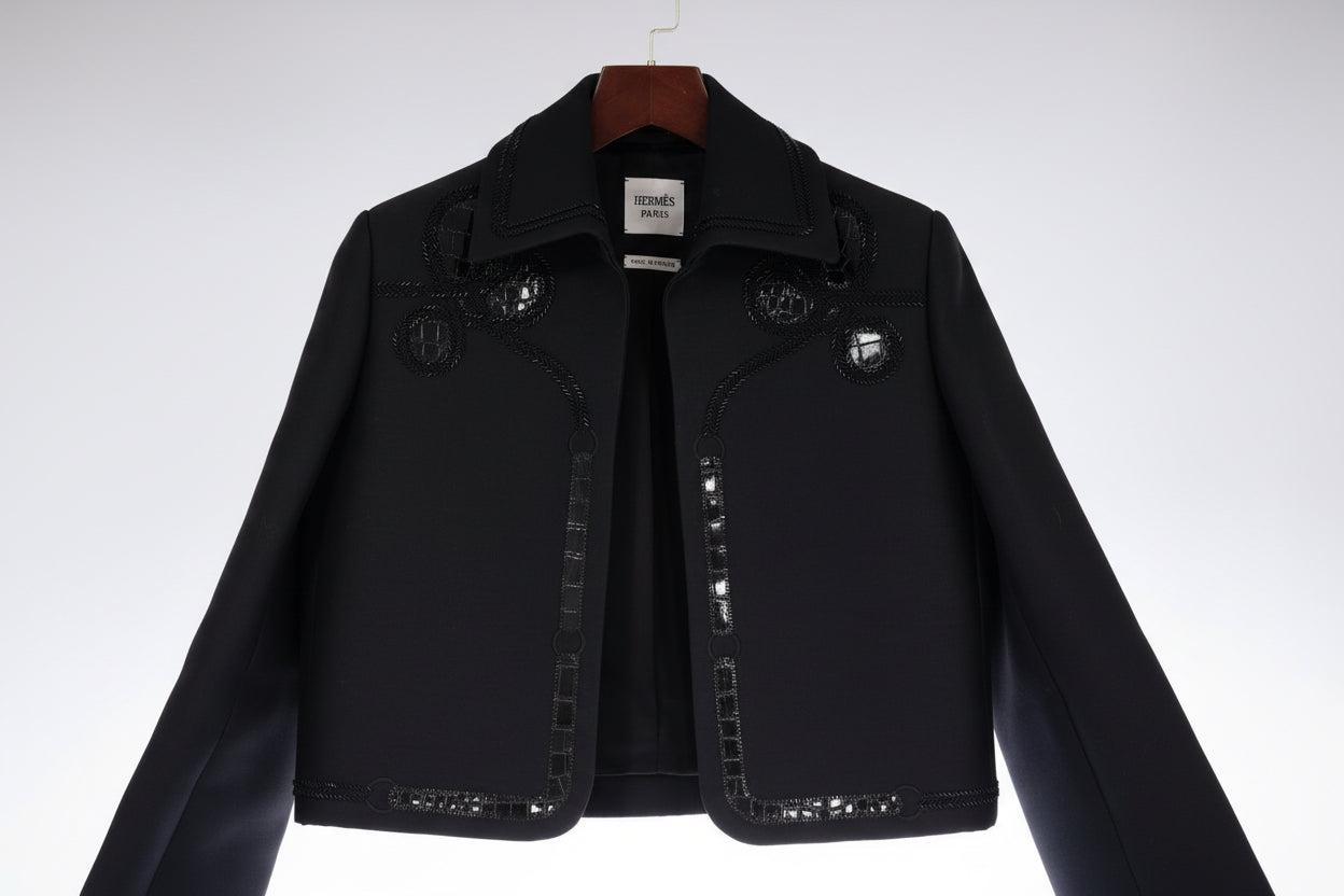 Hermès Veste Spencer Brodée Black Wool & Silk Crepe with Crocodile Detail