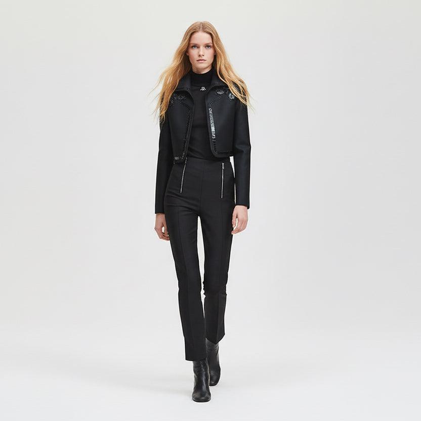 Hermès Veste Spencer Brodée Black Wool & Silk Crepe with Crocodile Detail