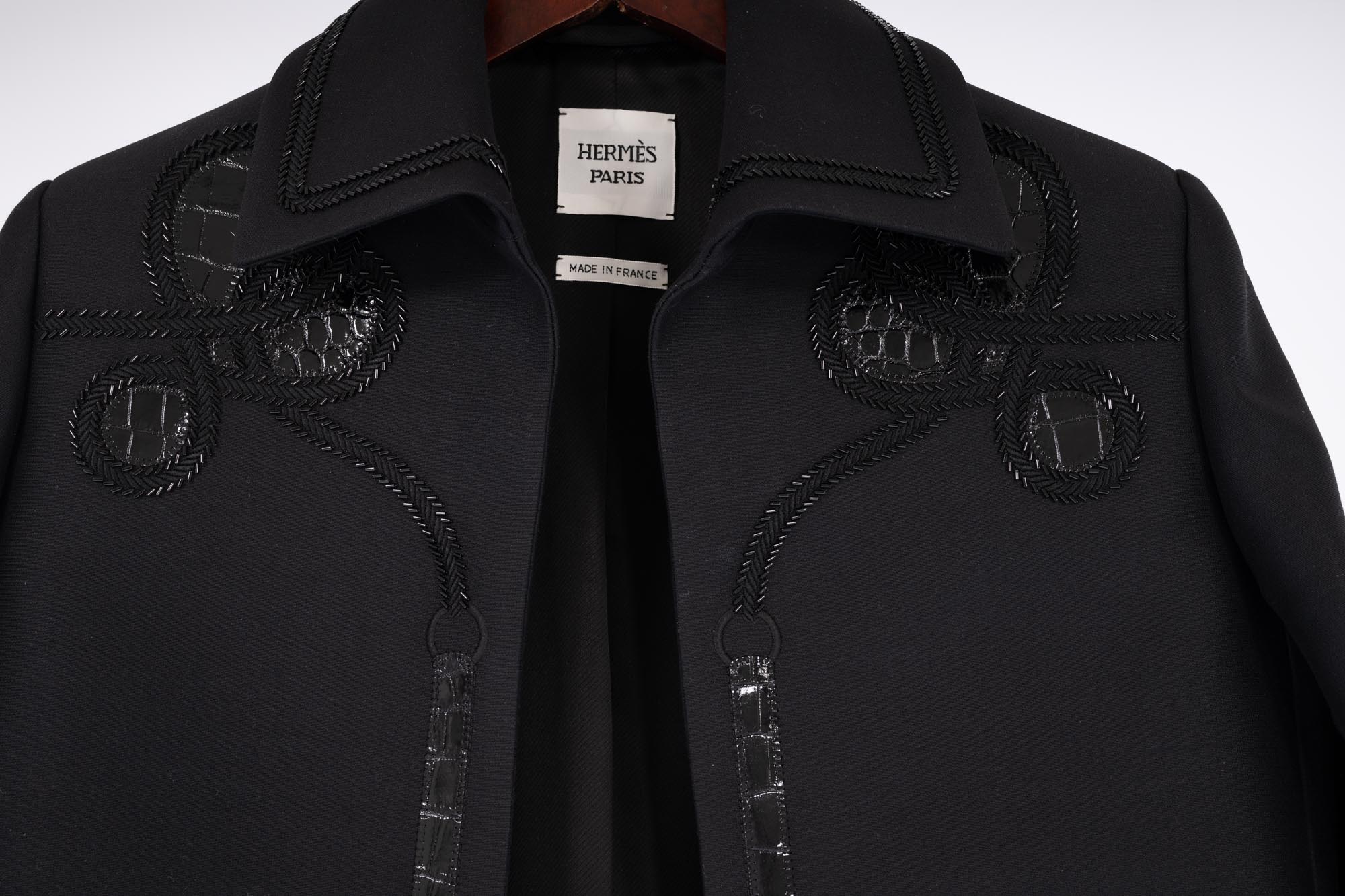 Hermès Veste Spencer Brodée Black Wool & Silk Crepe with Crocodile Detail