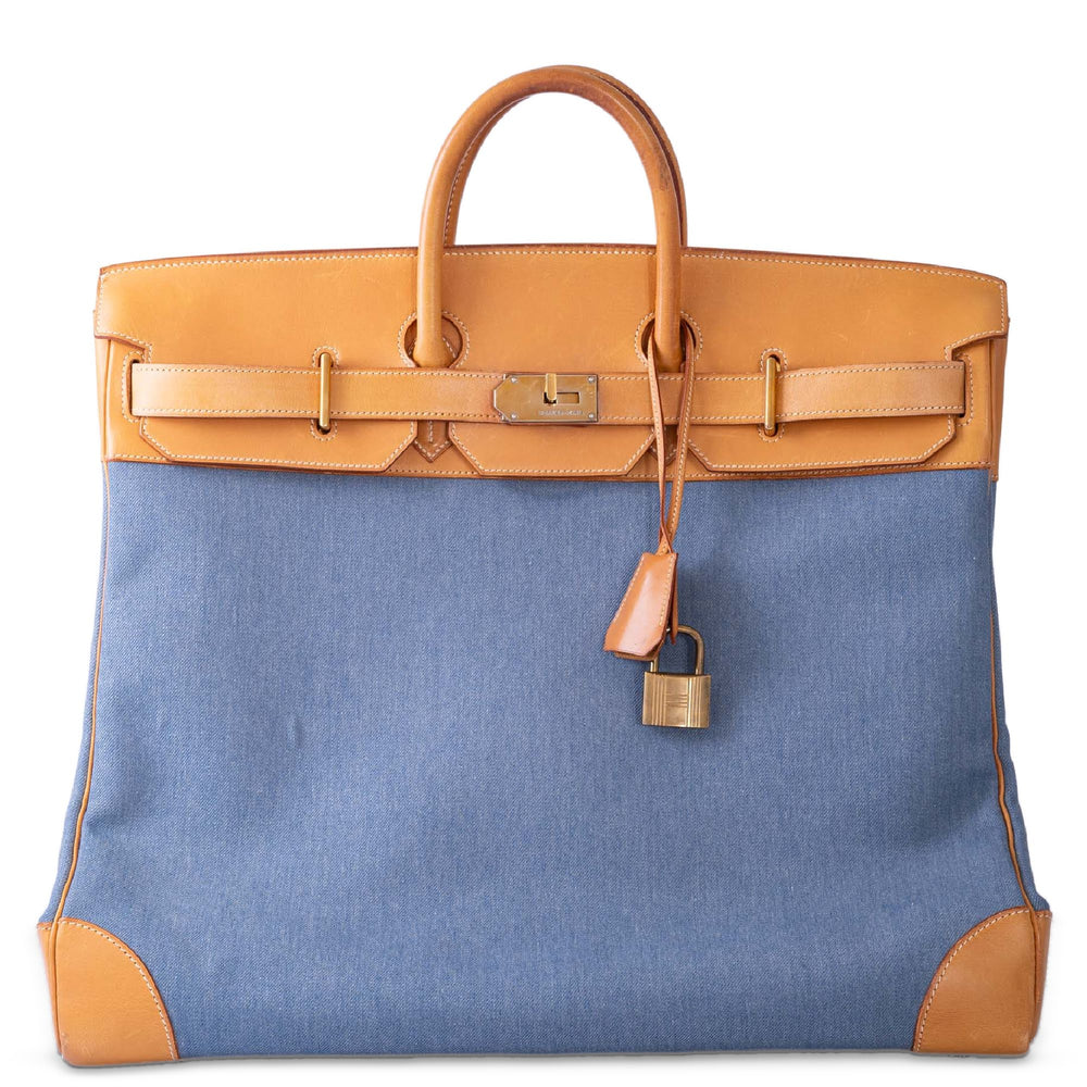 Hermès Vintage HAC Birkin 50 Denim and Naturelle Vache Liégée Gold Hardware, front view
