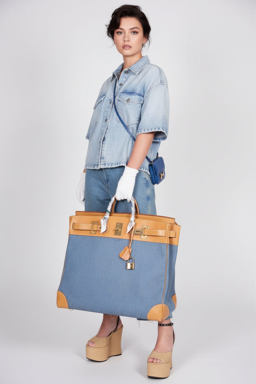 Hermès Vintage HAC Birkin 50 Denim and Naturelle Vache Liégée Gold Hardware