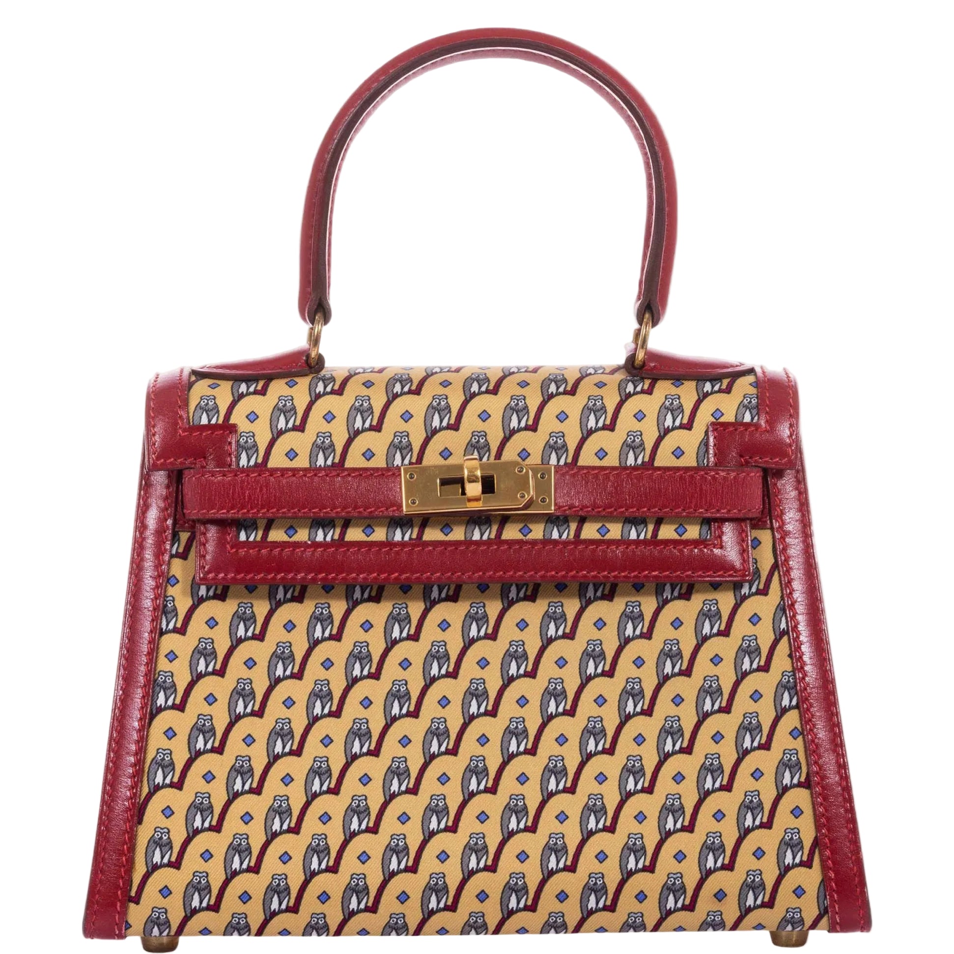 Hermès Vintage Kelly 20 Sellier Owl Print Jaune Silk & Rouge Vif Box Calf Gold Hardware