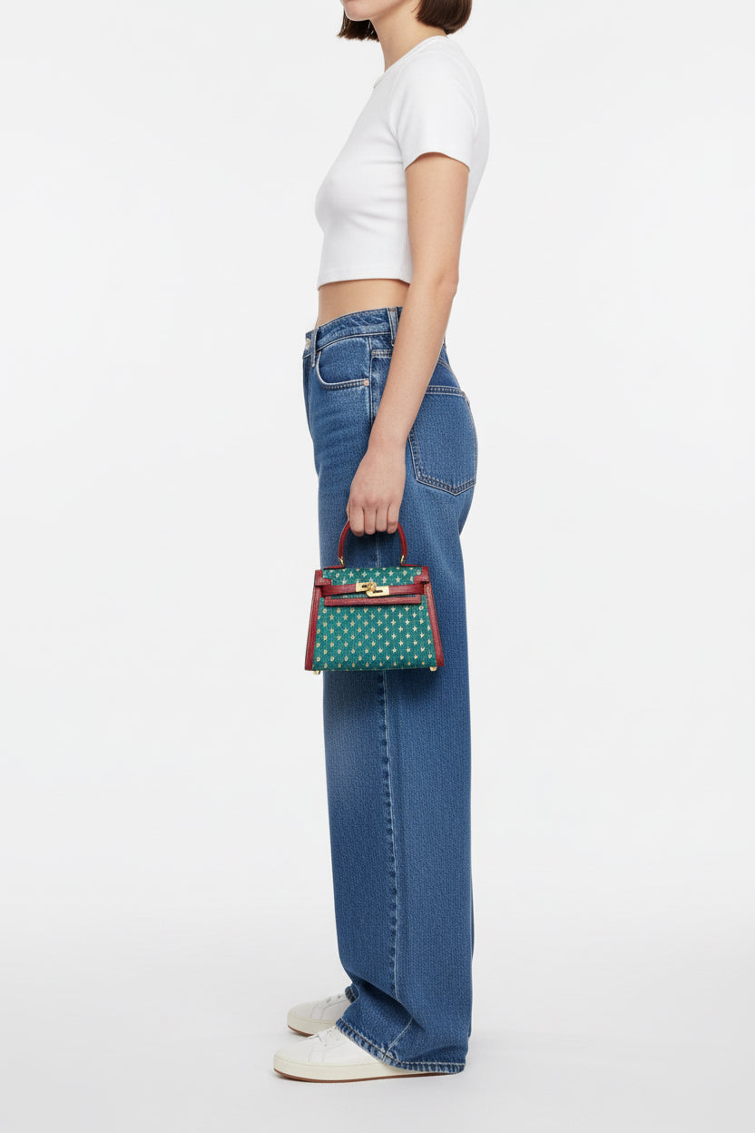 Hermès Vintage Kelly 20 Sellier Owl Print Turquoise Silk & Rouge Vif Box Calf Gold Hardware
